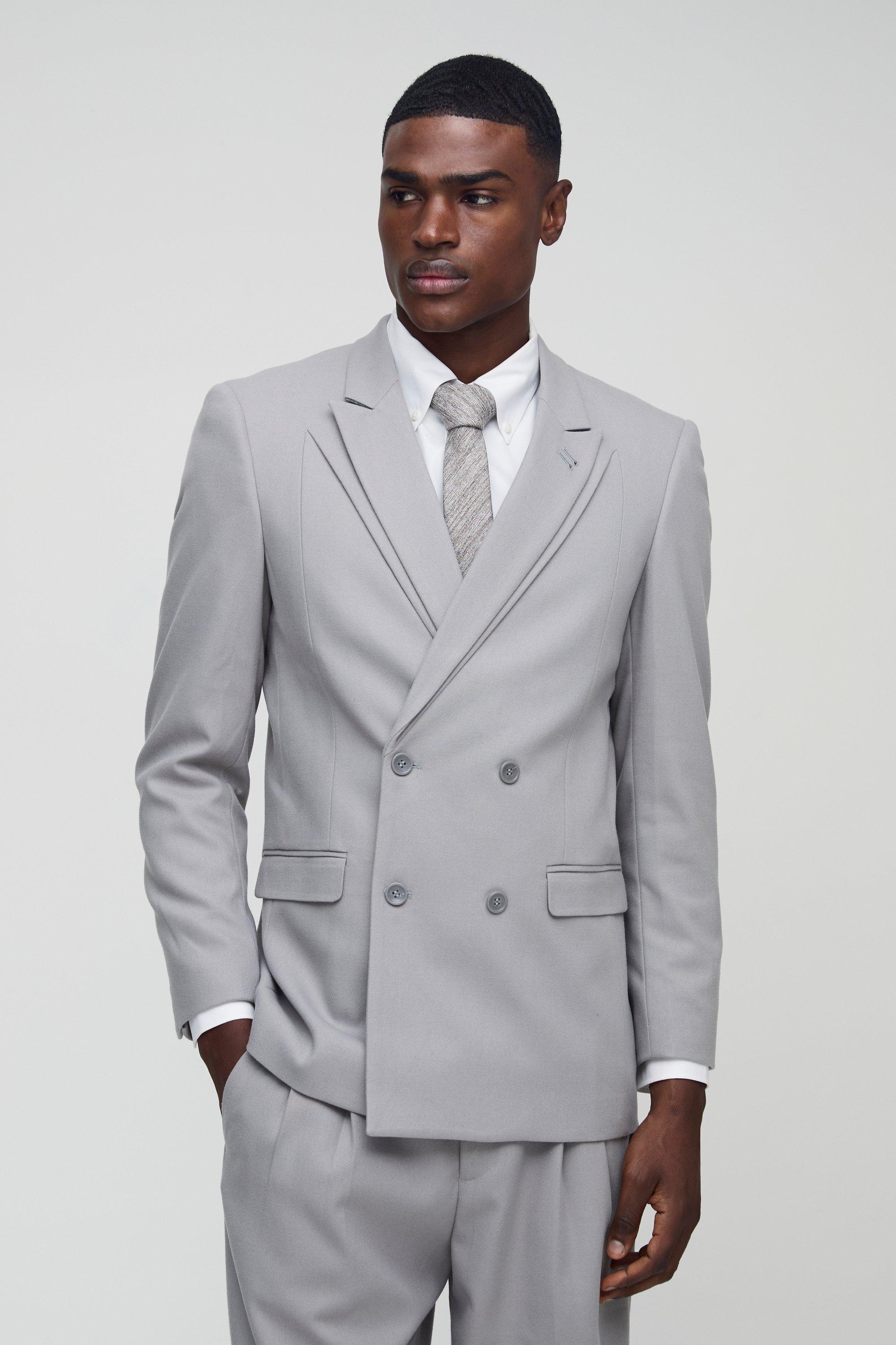Mens Grey Relaxed Fit Double Breasted Blazer, Grey