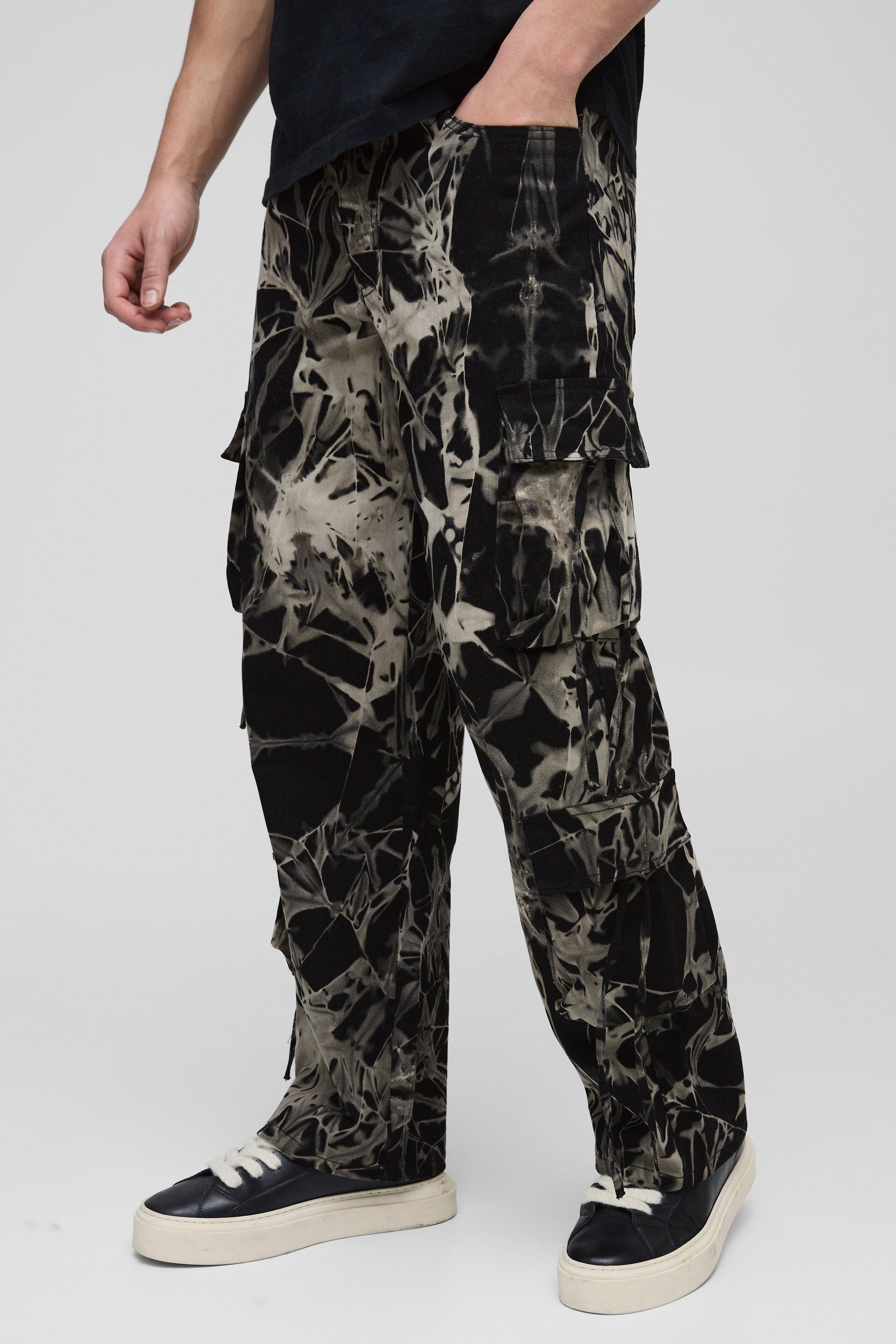 Pantaloni Cargo rilassati in lavaggio acido in 3D, Nero
