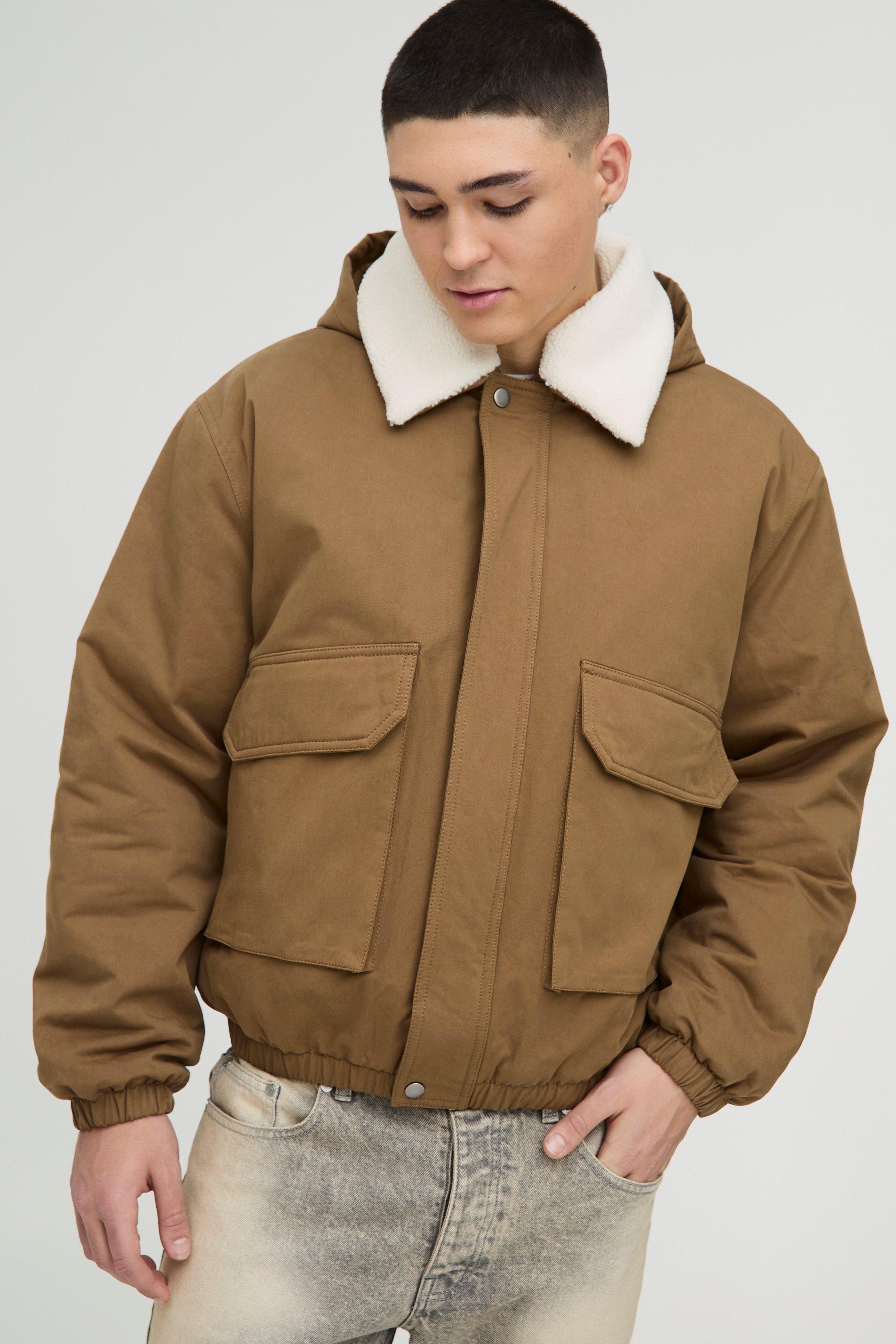 Giacca Bomber oversize in twill con colletto in pile borg e cappuccio, Brown