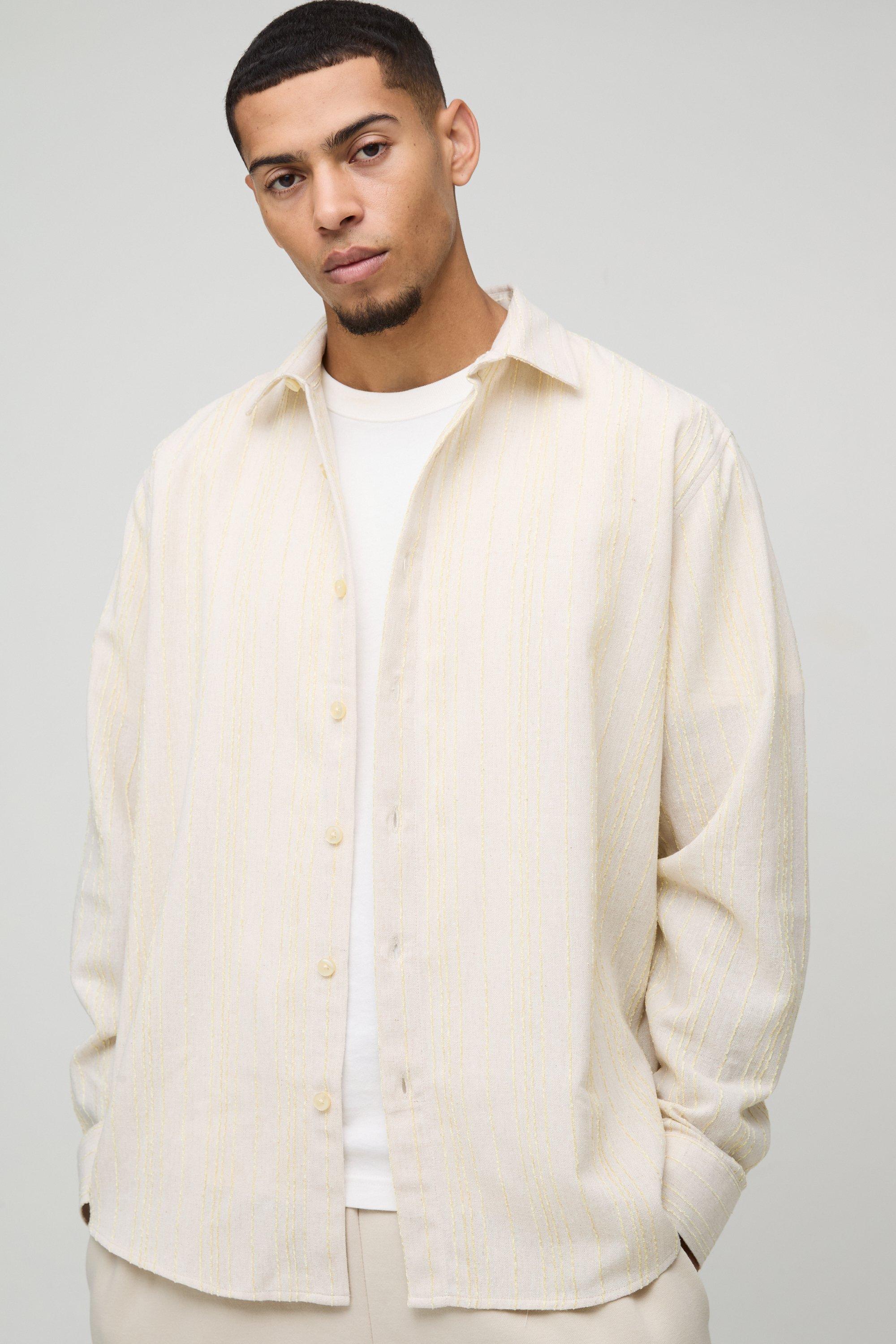 Camicia super oversize effetto lino a righe con ricami e colletto, Giallo