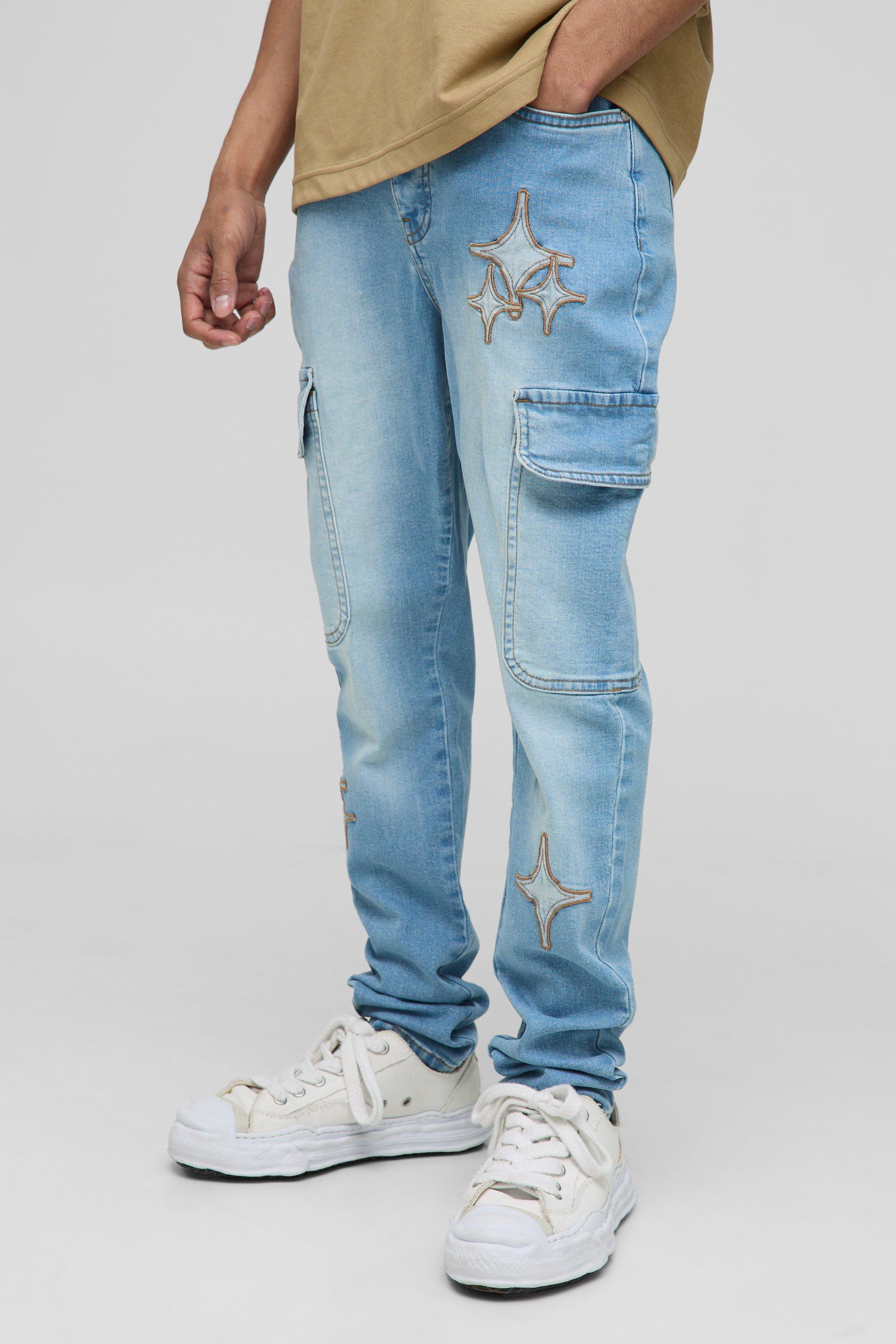 Boohoo Cargo Skinny Jeans Met Sterren, Light Blue