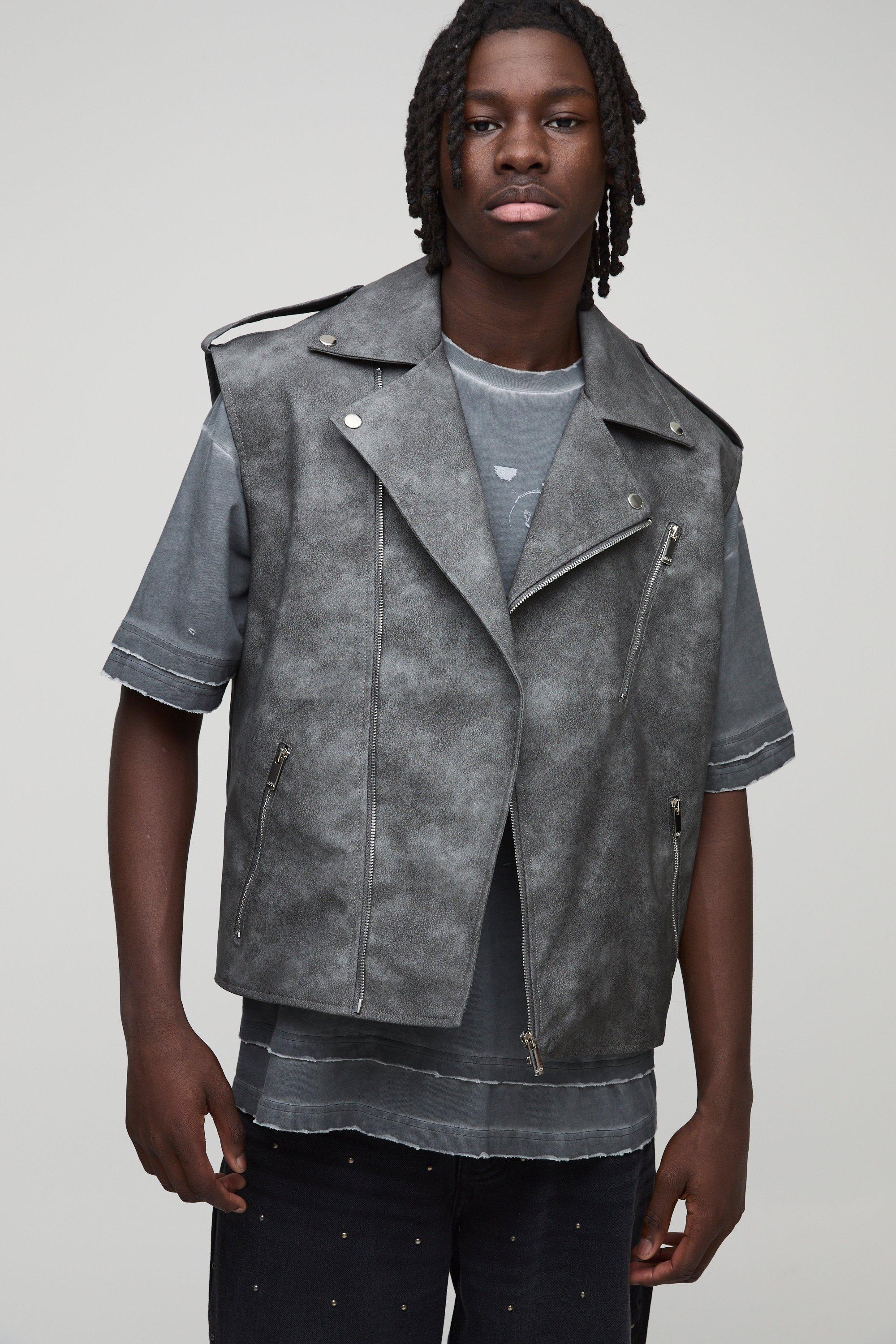 Image of Giacca da Biker Regular Fit smanicata in PU effetto slavato, Grigio