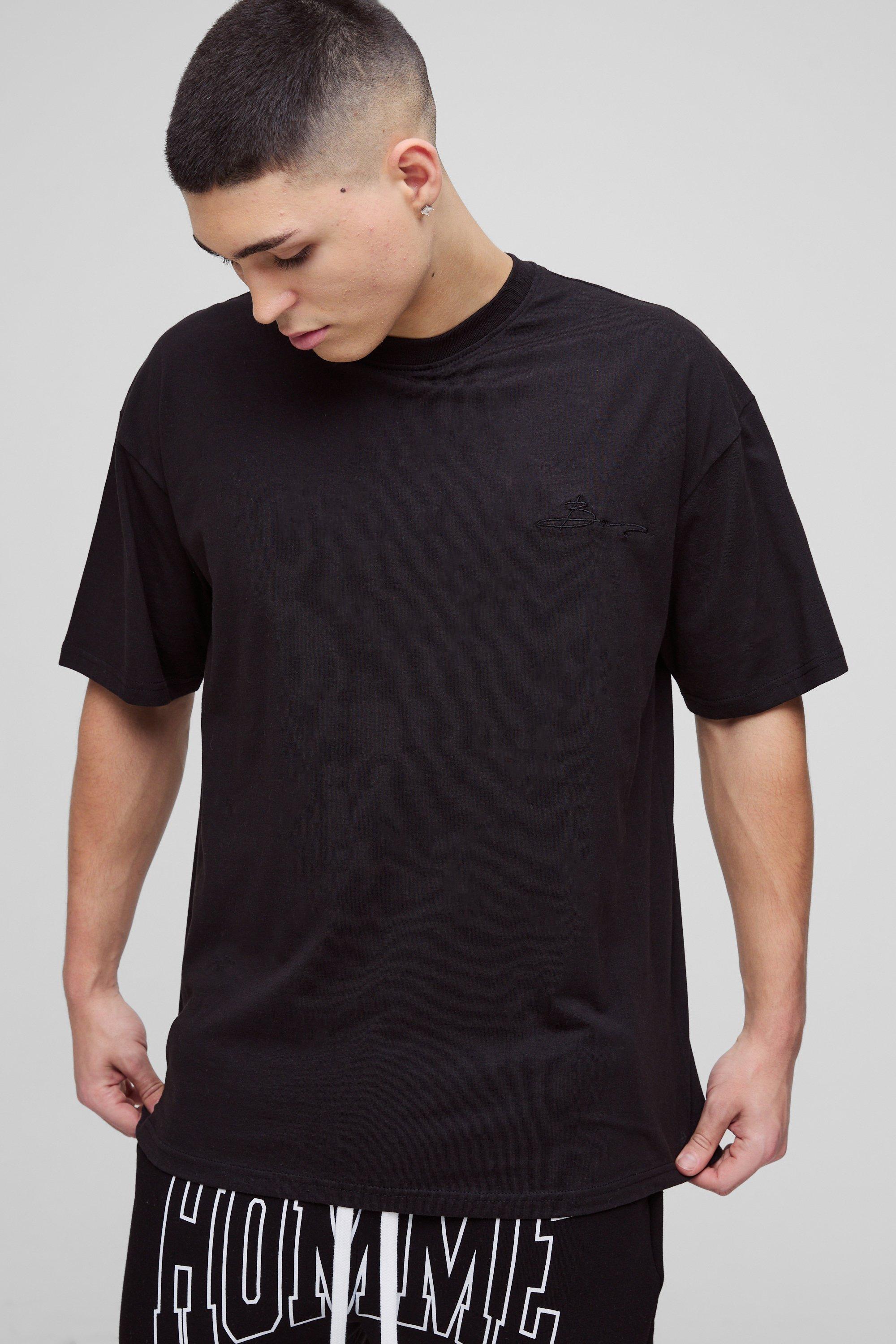 T-shirt a girocollo oversize con ricamo di firma BM, Nero