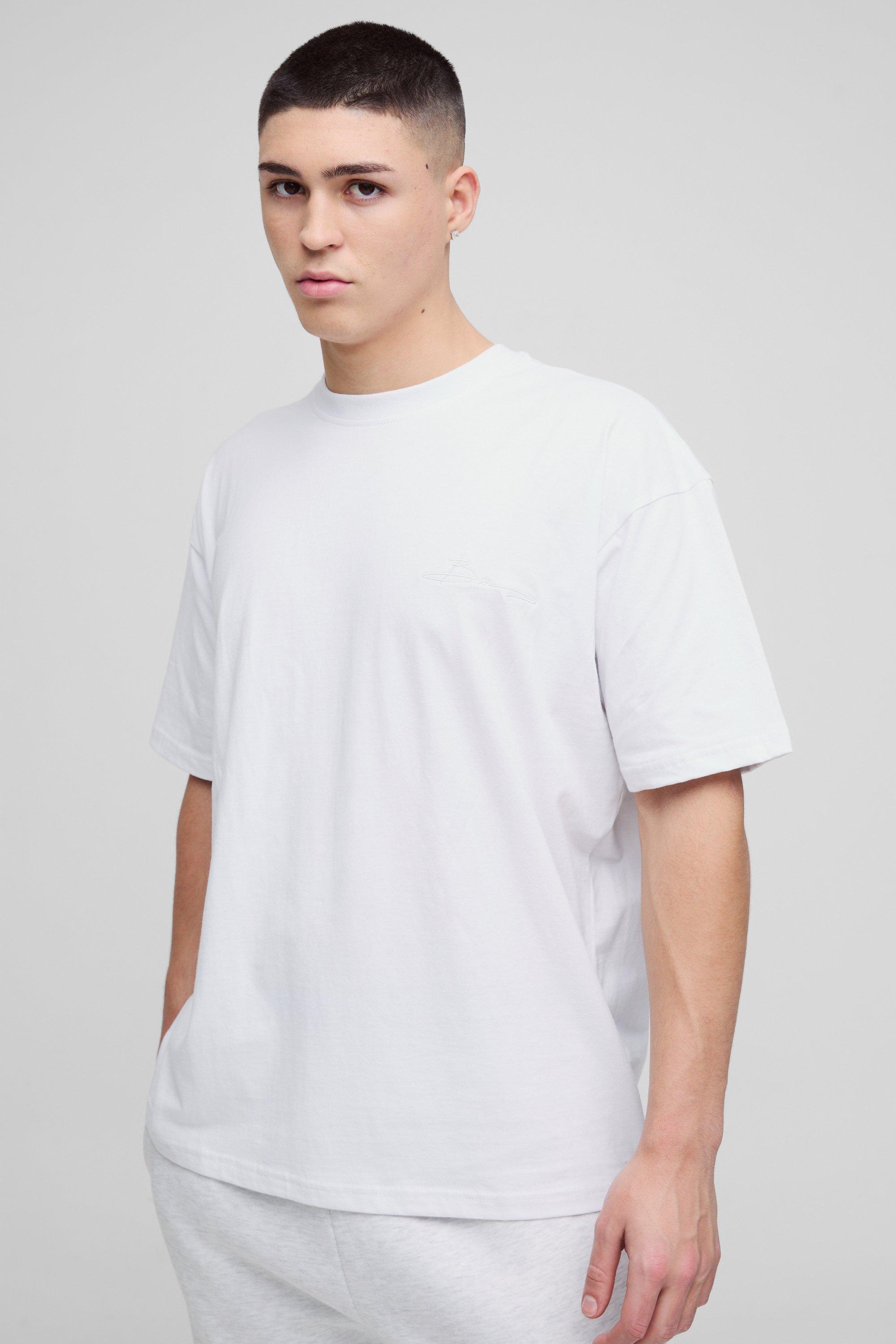 Image of T-shirt a girocollo oversize con ricamo di firma BM, Bianco