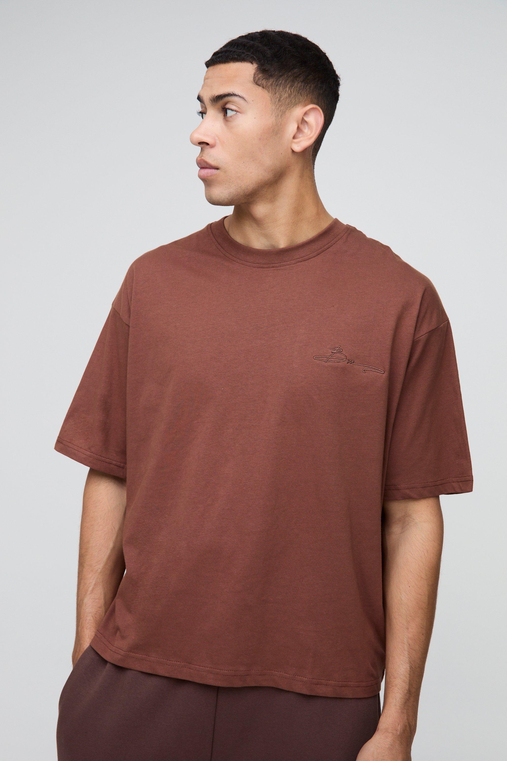 T-shirt squadrata oversize con ricamo di firma BM, Brown