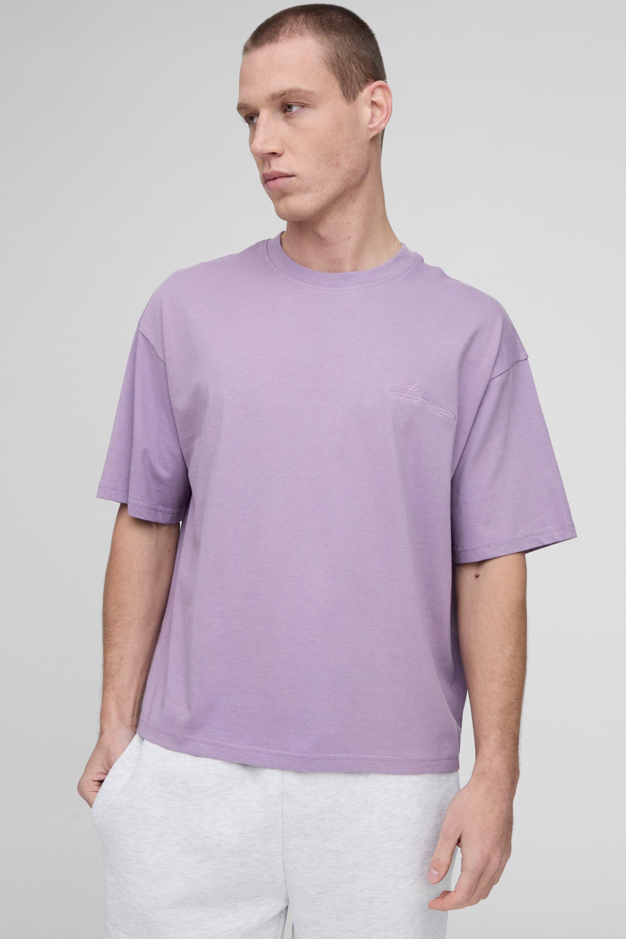 Mens Purple Oversized Boxy BM Signature Embroidered T-shirt, Purple