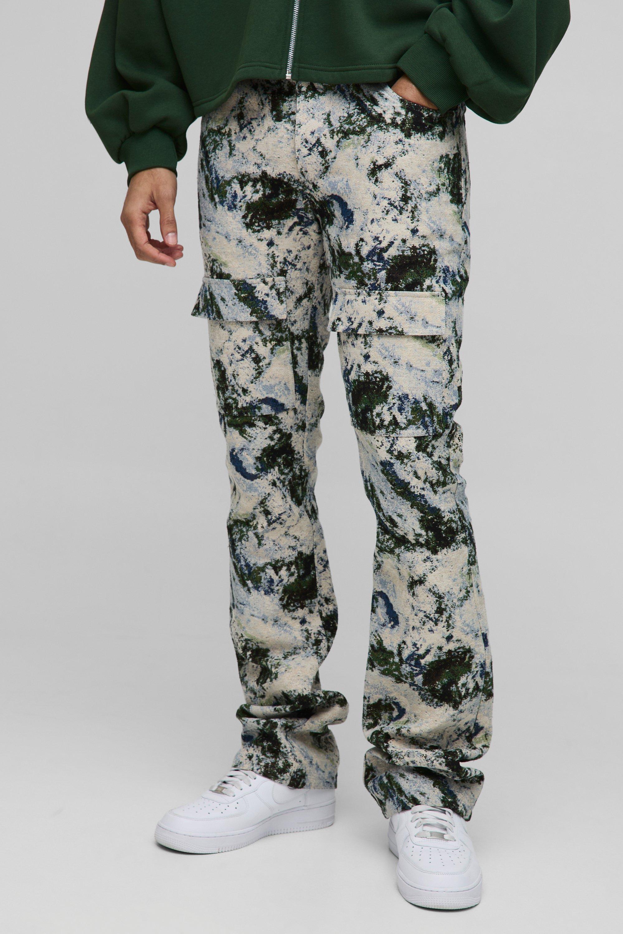 Slim Flare Stacked Tapestry Cargo Trousers