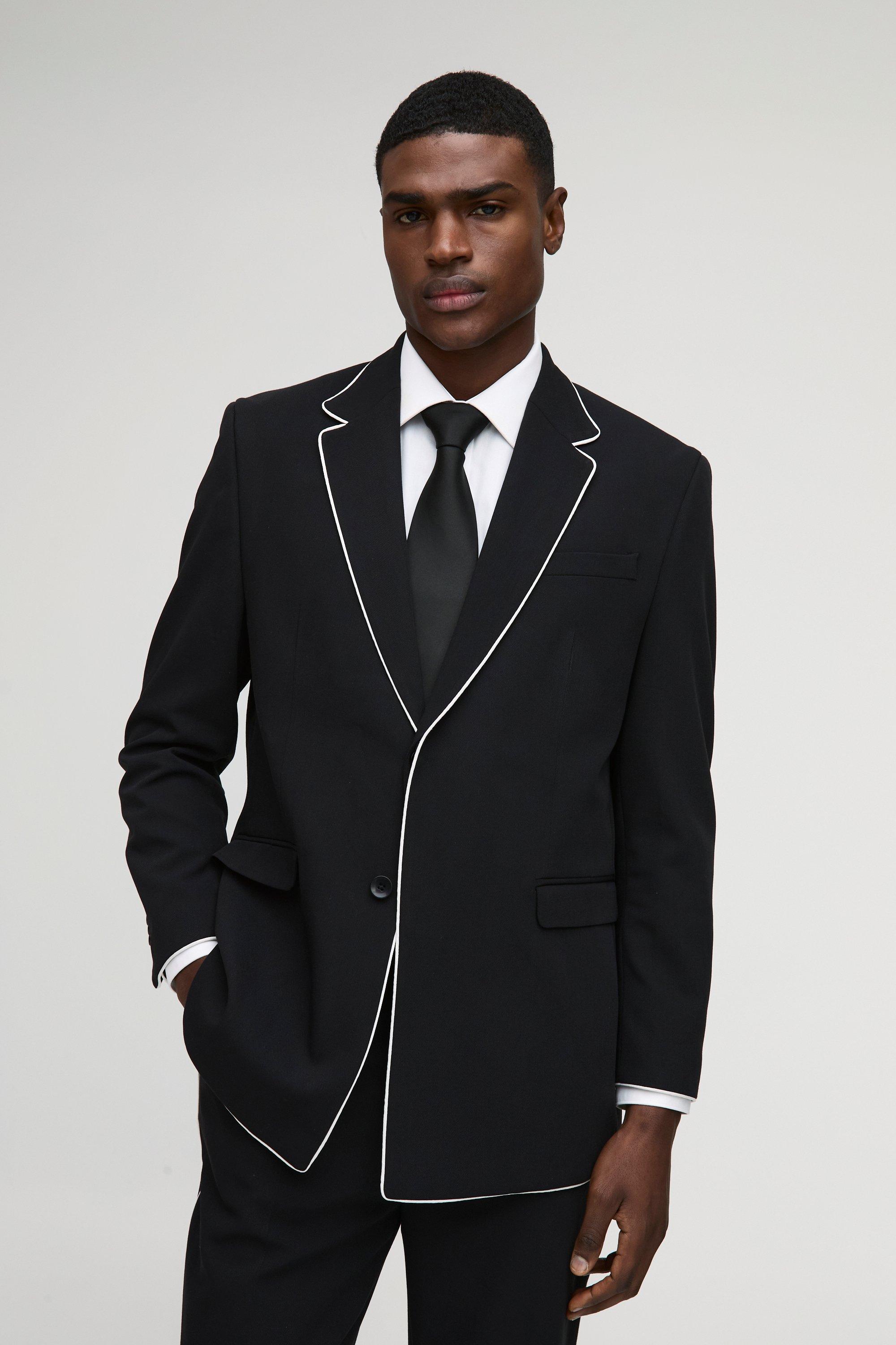 Mens Black Straight Fit Contrast Edge Blazer, Black
