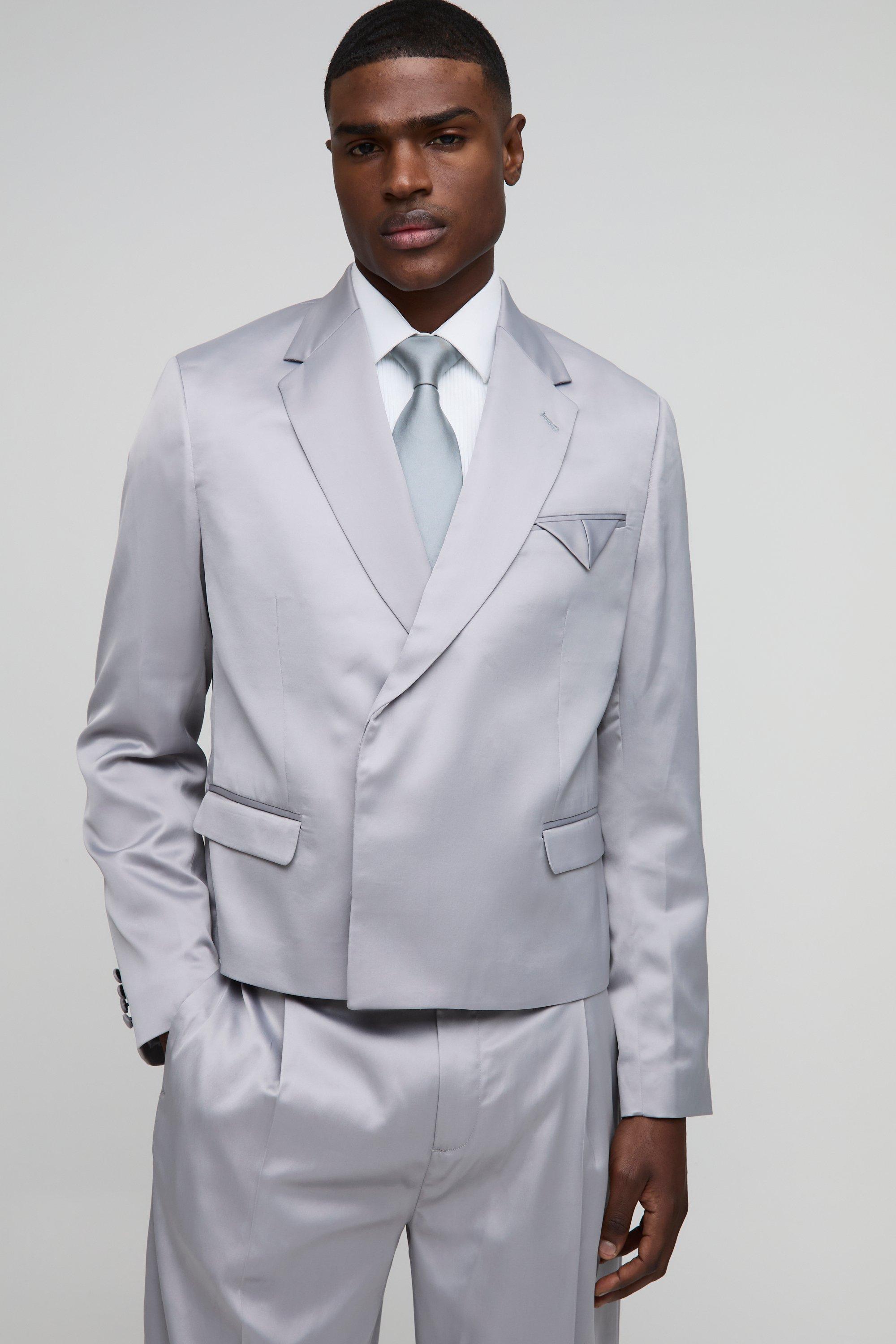 Mens Grey Oversized Boxy Satin Blazer, Grey