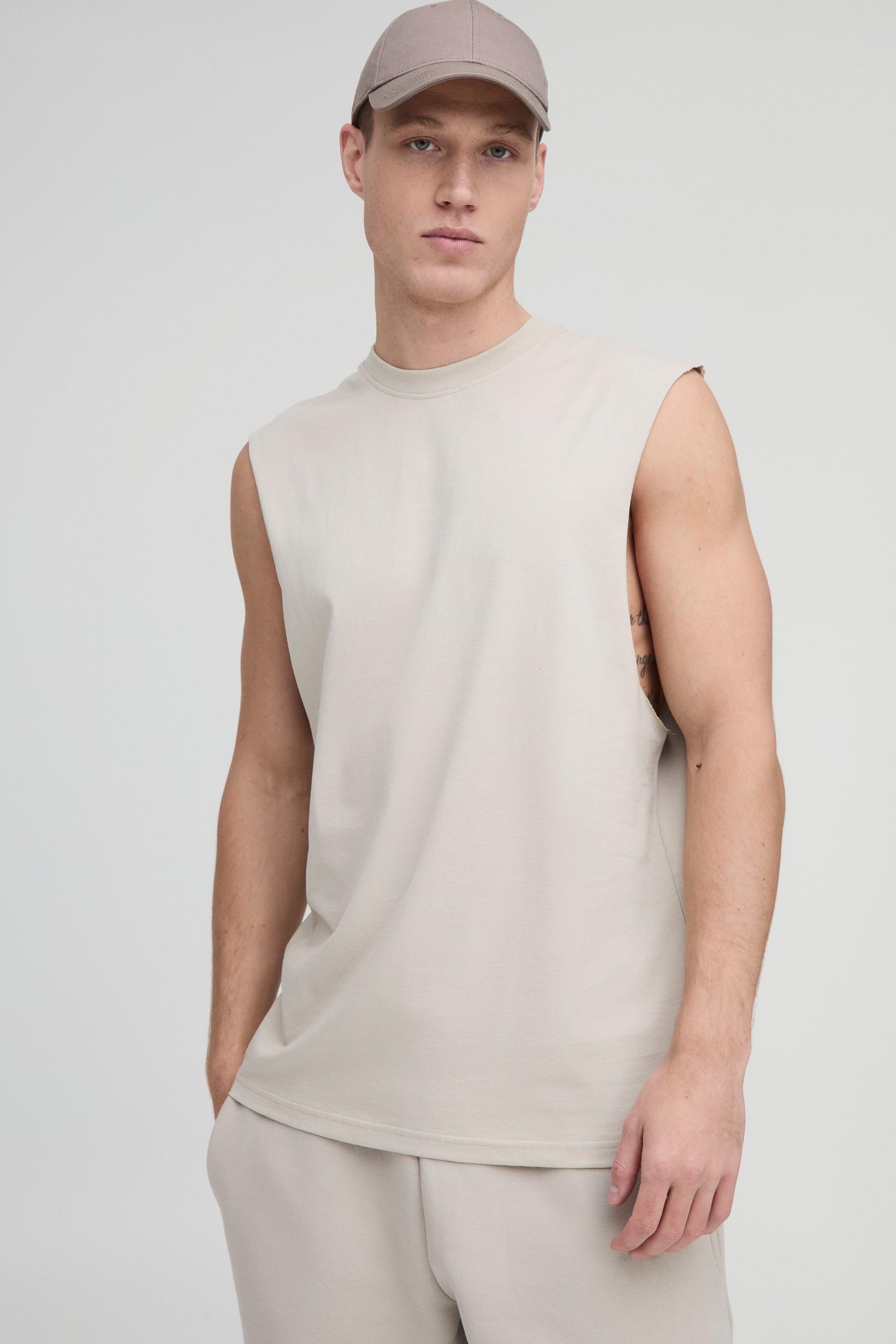 Mens Beige Regular Fit Basic Drop Armhole vest, Beige