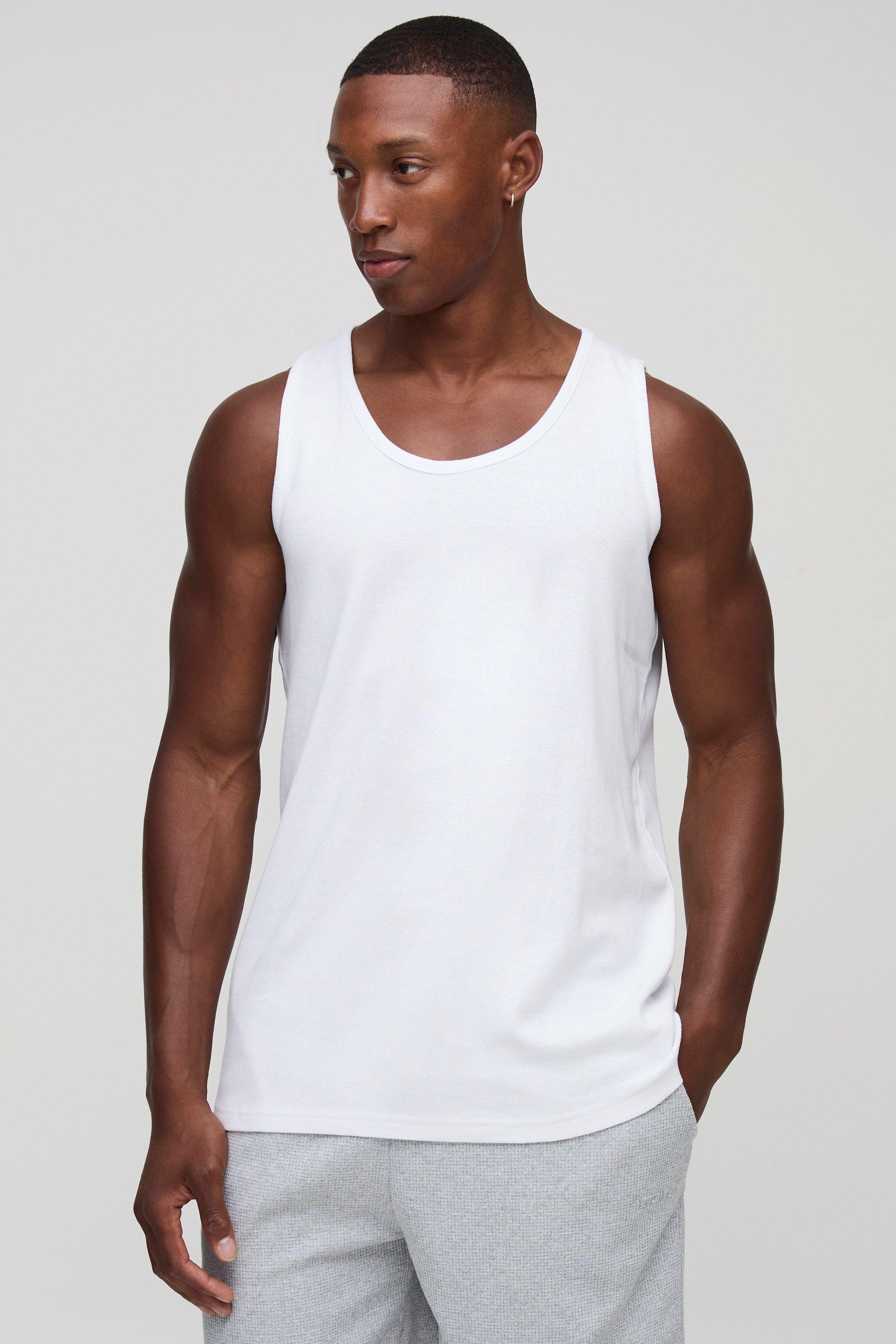 Mens White Regular Fit Basic Ribbed Vest, White