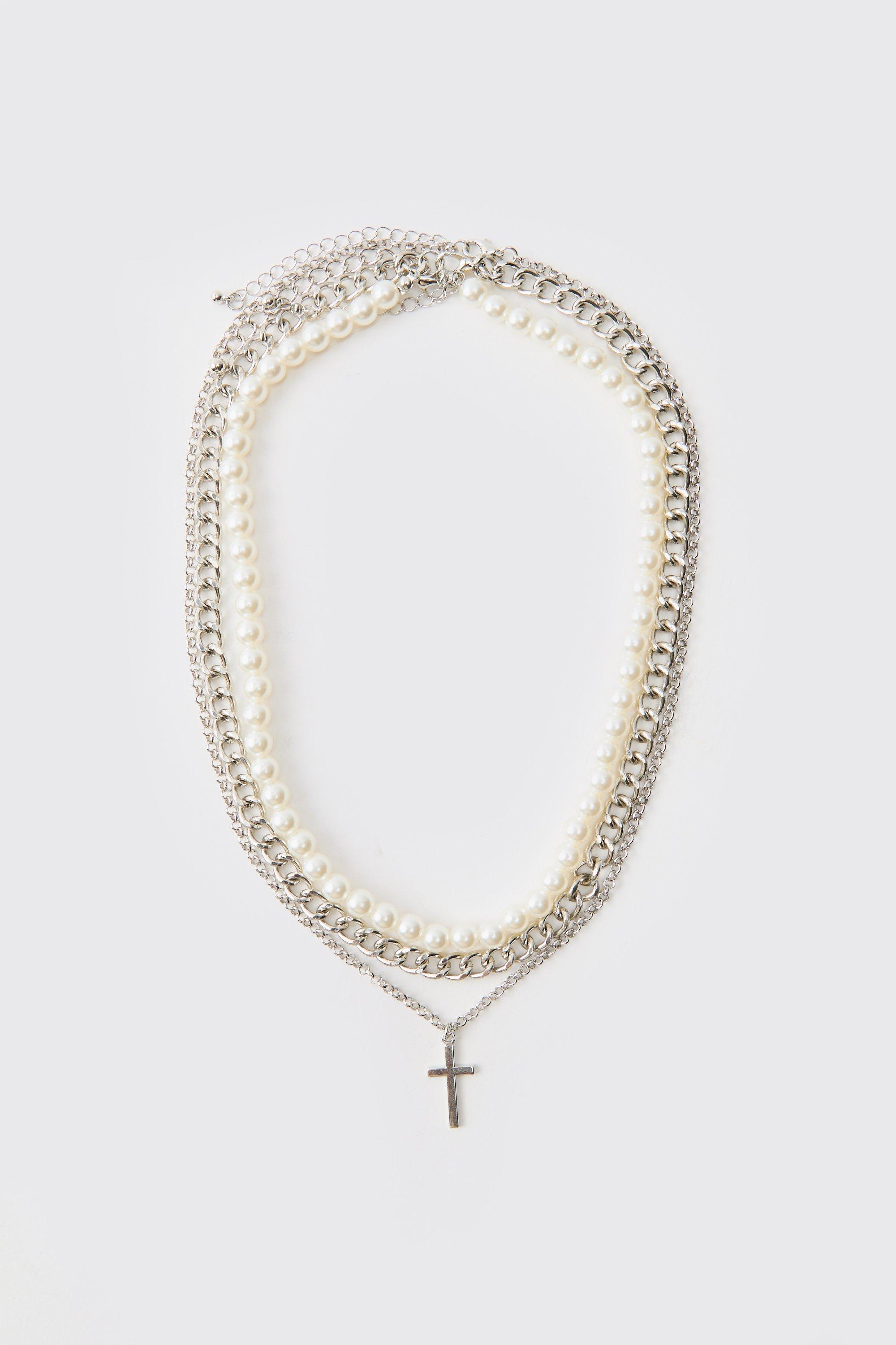 Collana di perle a più fili in argento con pendente a croce, Grigio