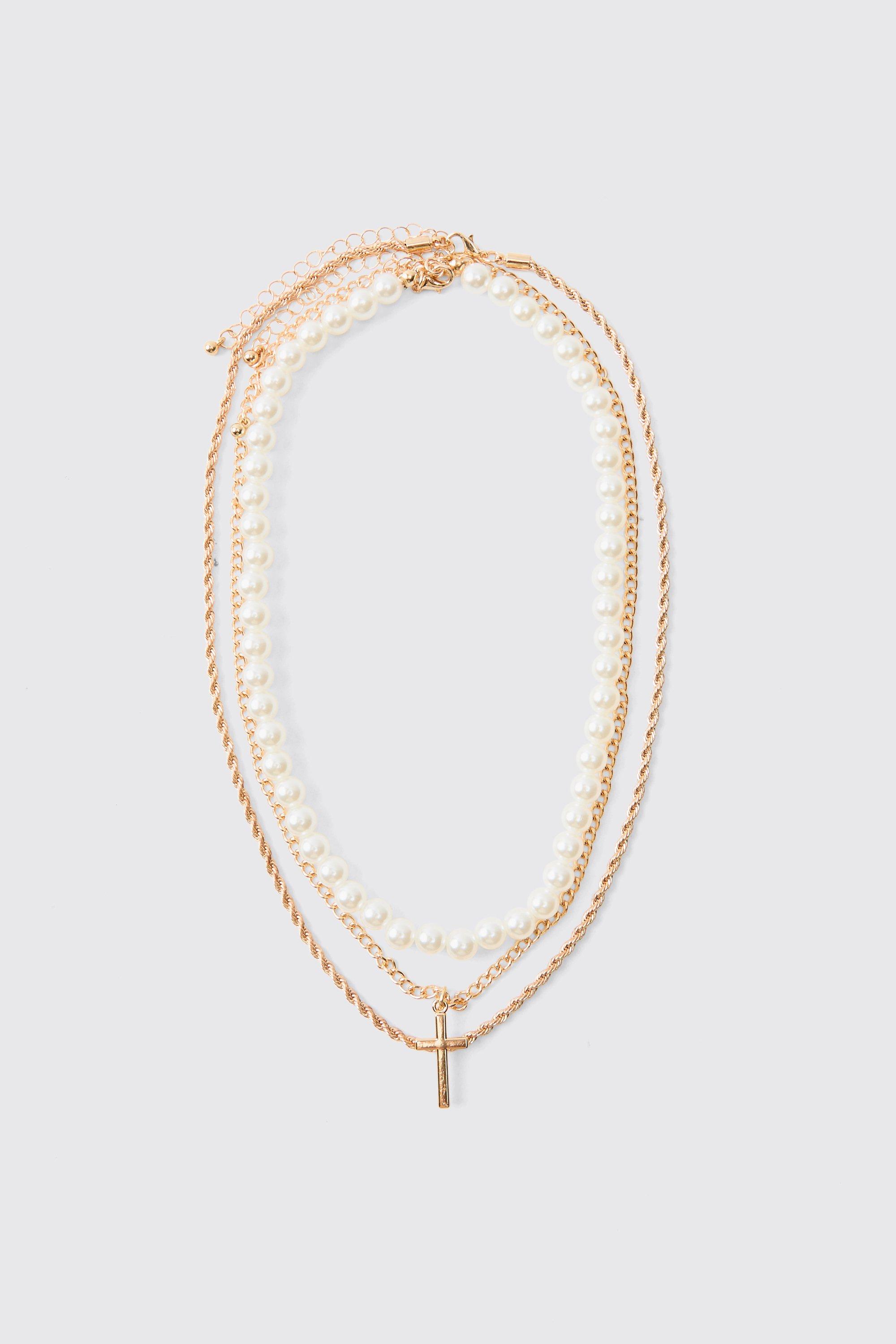 Collana color oro a più fili di perle con pendente a croce, Metallics