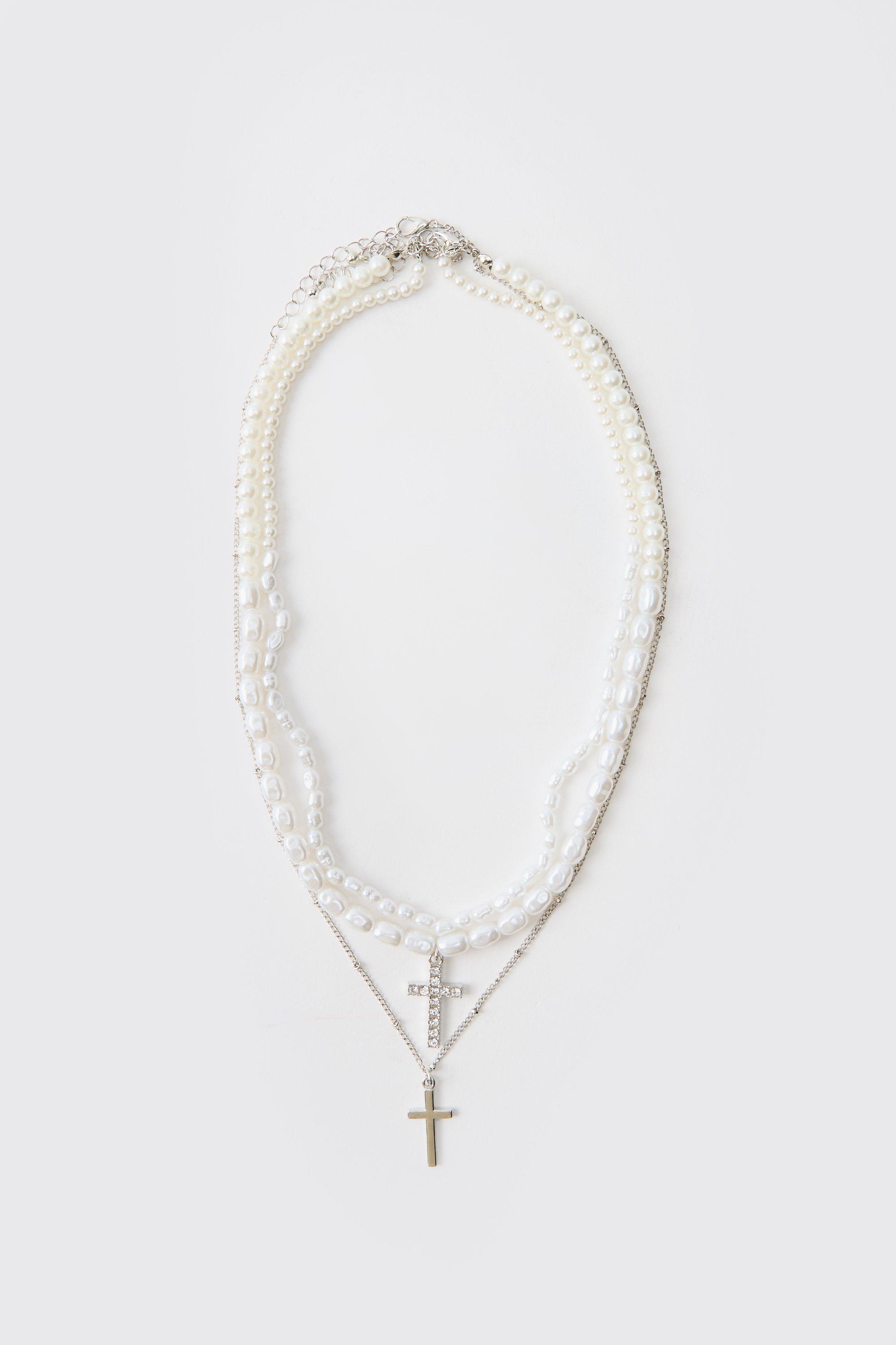 Collana a croce a più fili con perle, Grigio