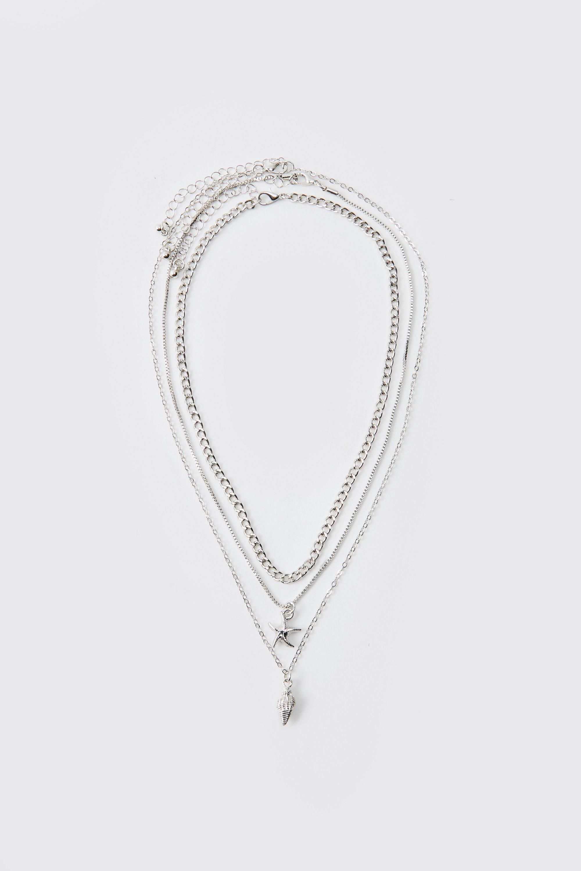 Mens Grey Layered Lightning Bolt Necklace In Silver, Grey