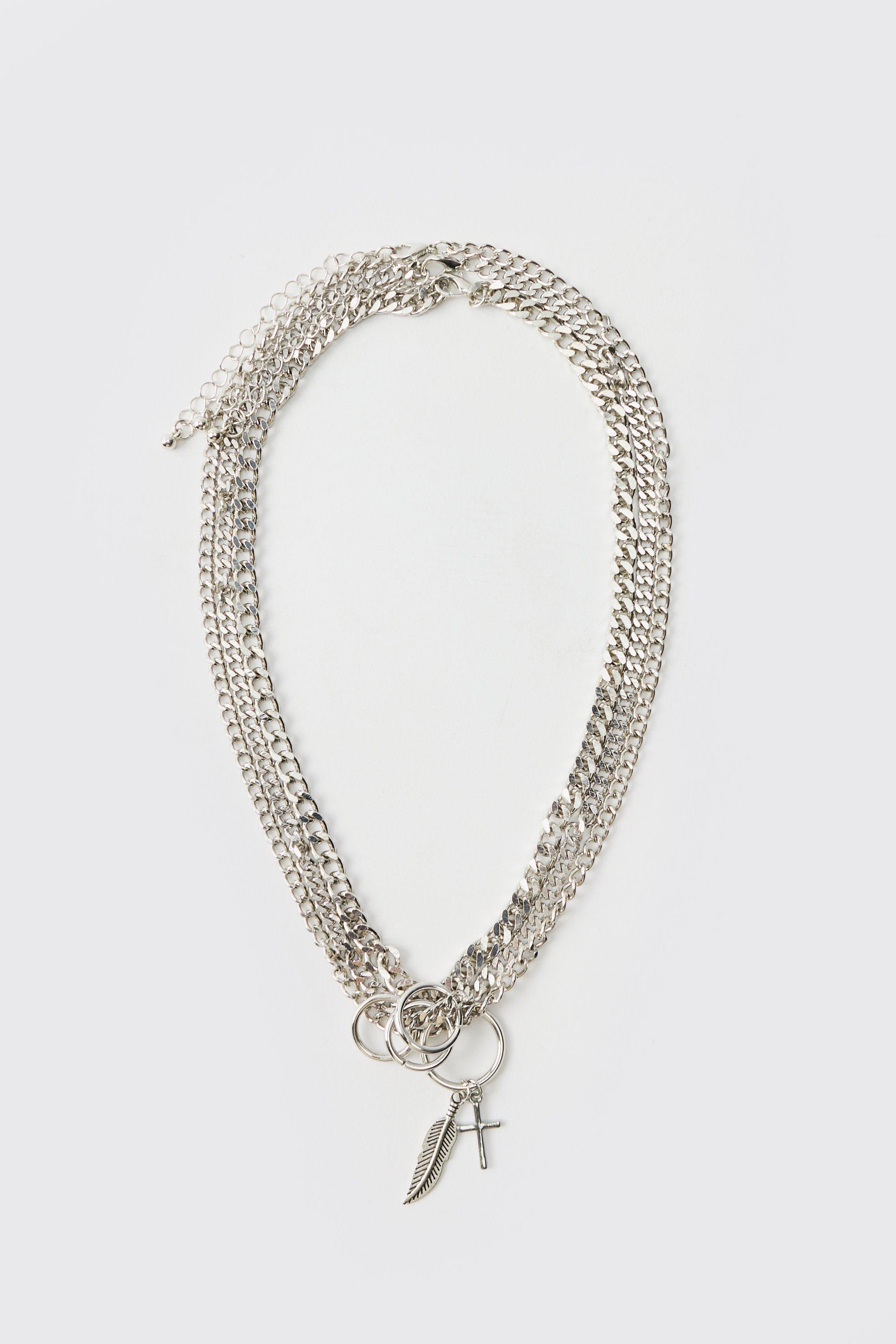 Mens Grey Layered Necklace In Silver, Grey