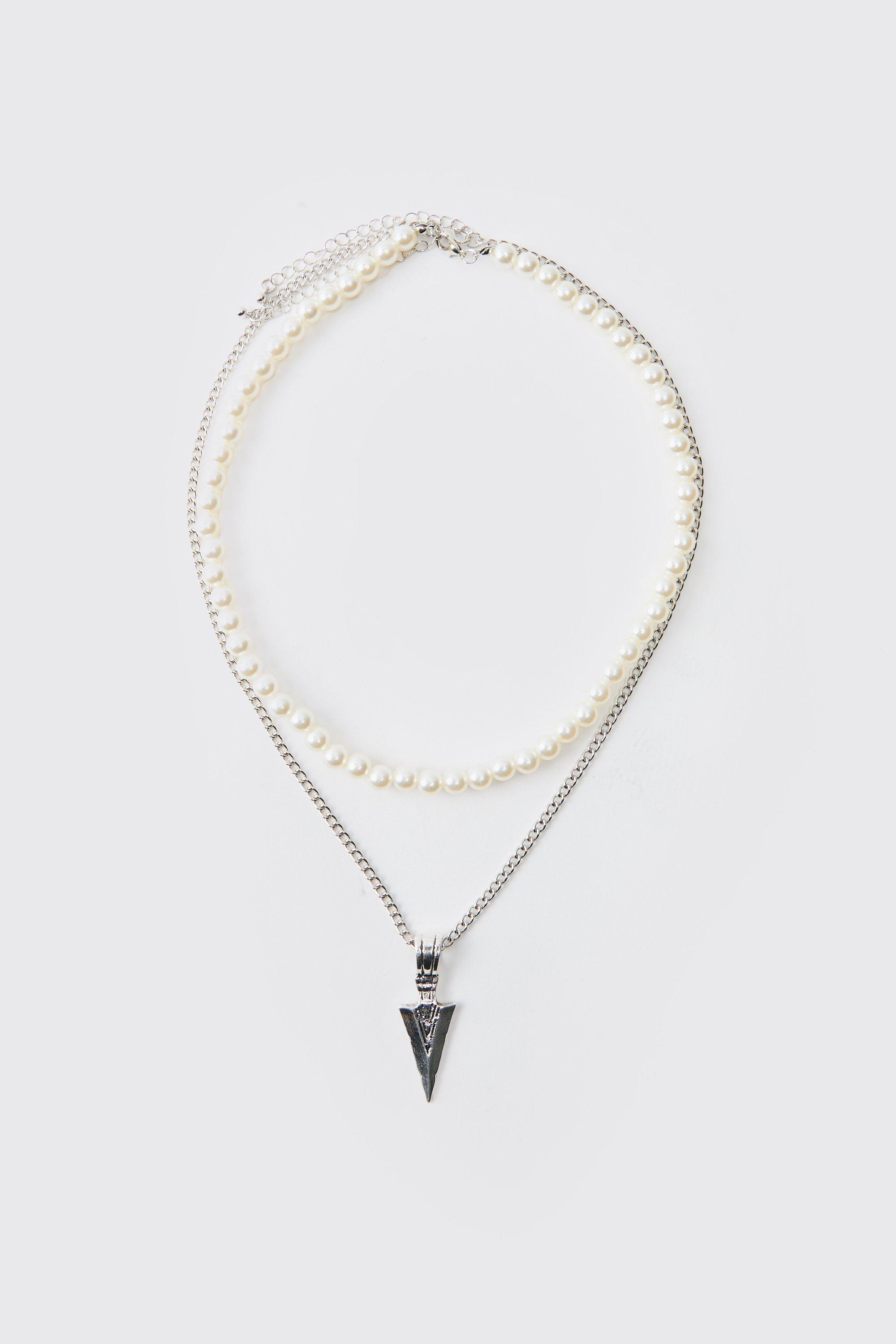 Collana di perle a più fili con pendente a punta, Grigio