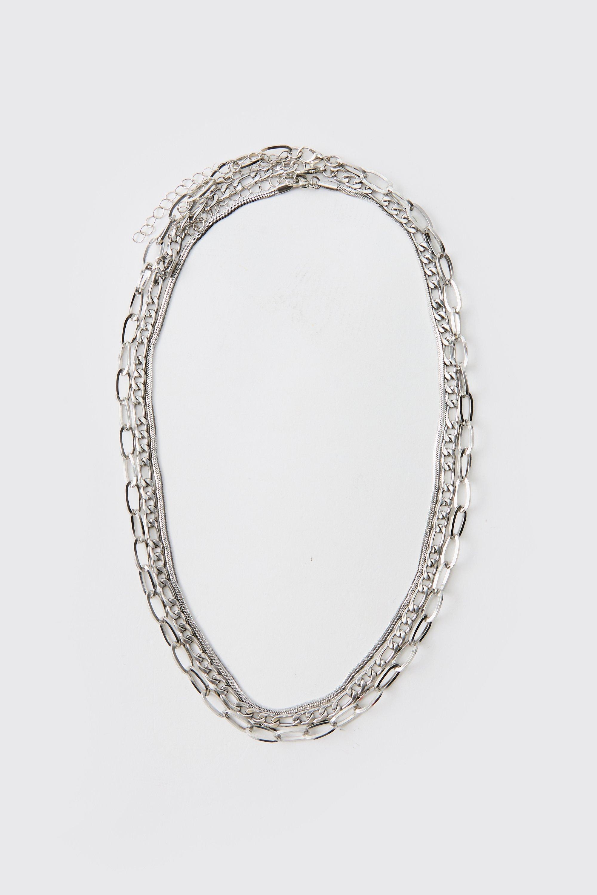 Mens Grey Layered Necklace In Silver, Grey