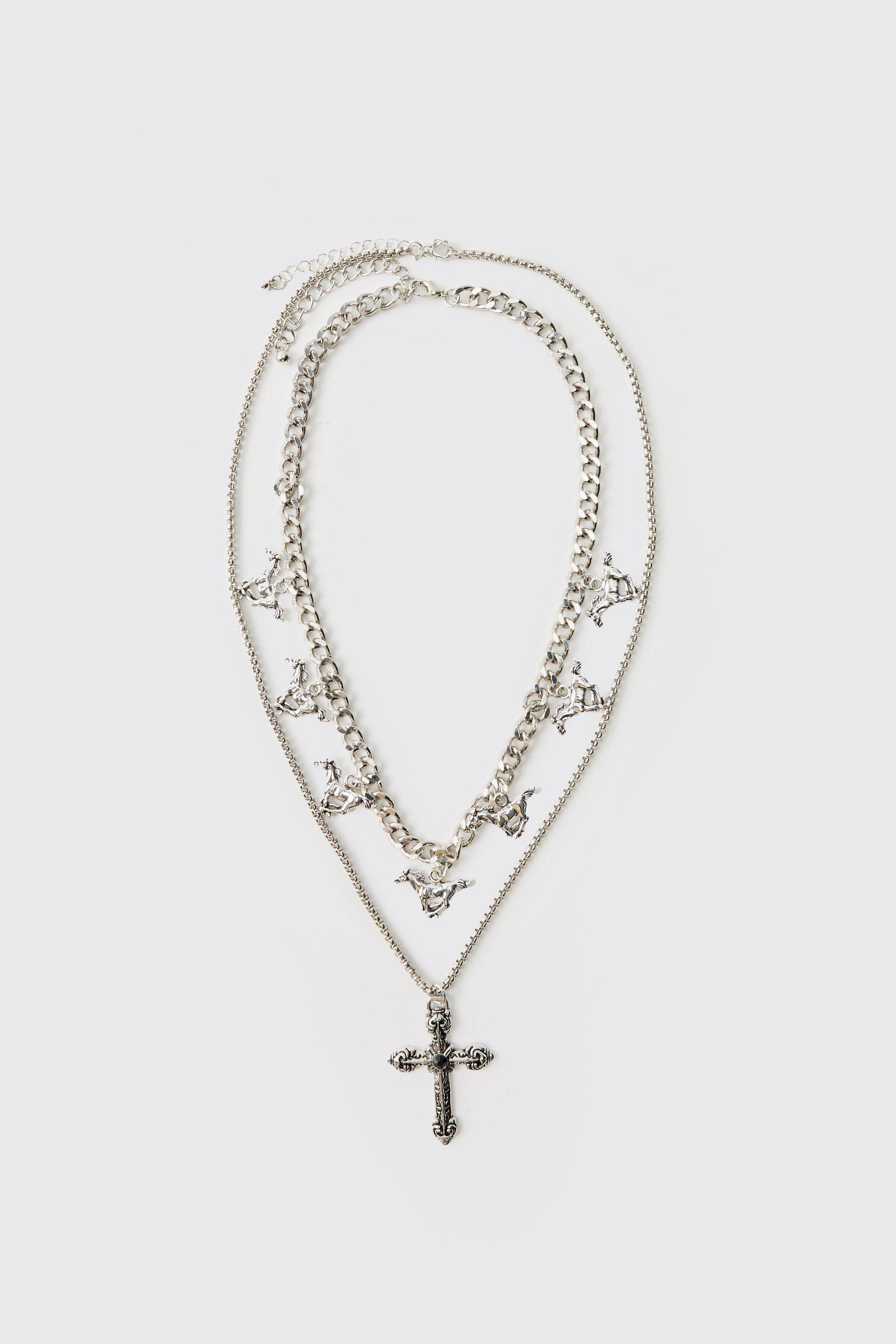 Mens Grey Layered Cross Necklace With Charms, Grey