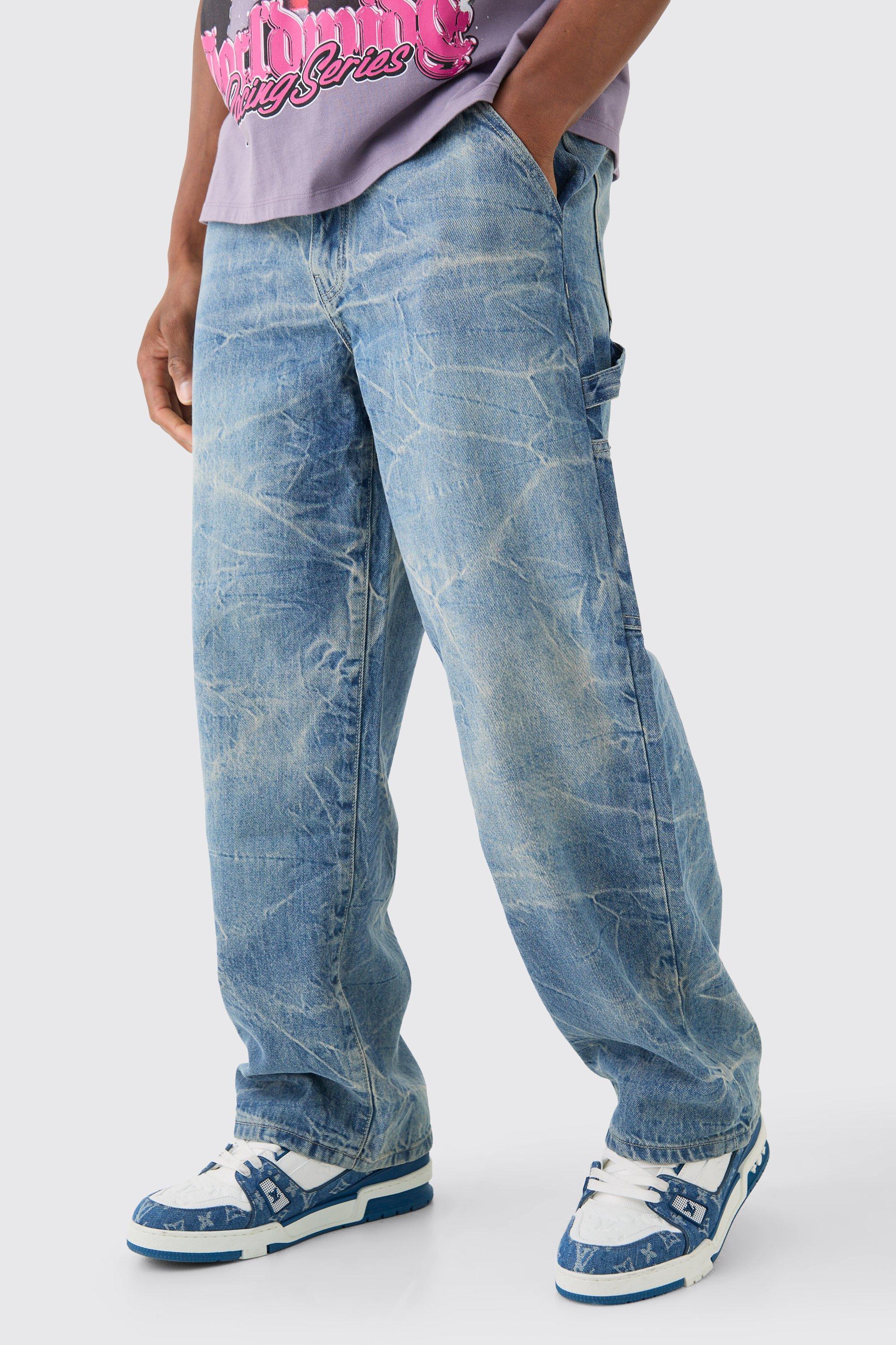 Jeans extra comodi in denim rigido stile Carpenter effetto goffrato blu antico, Azzurro