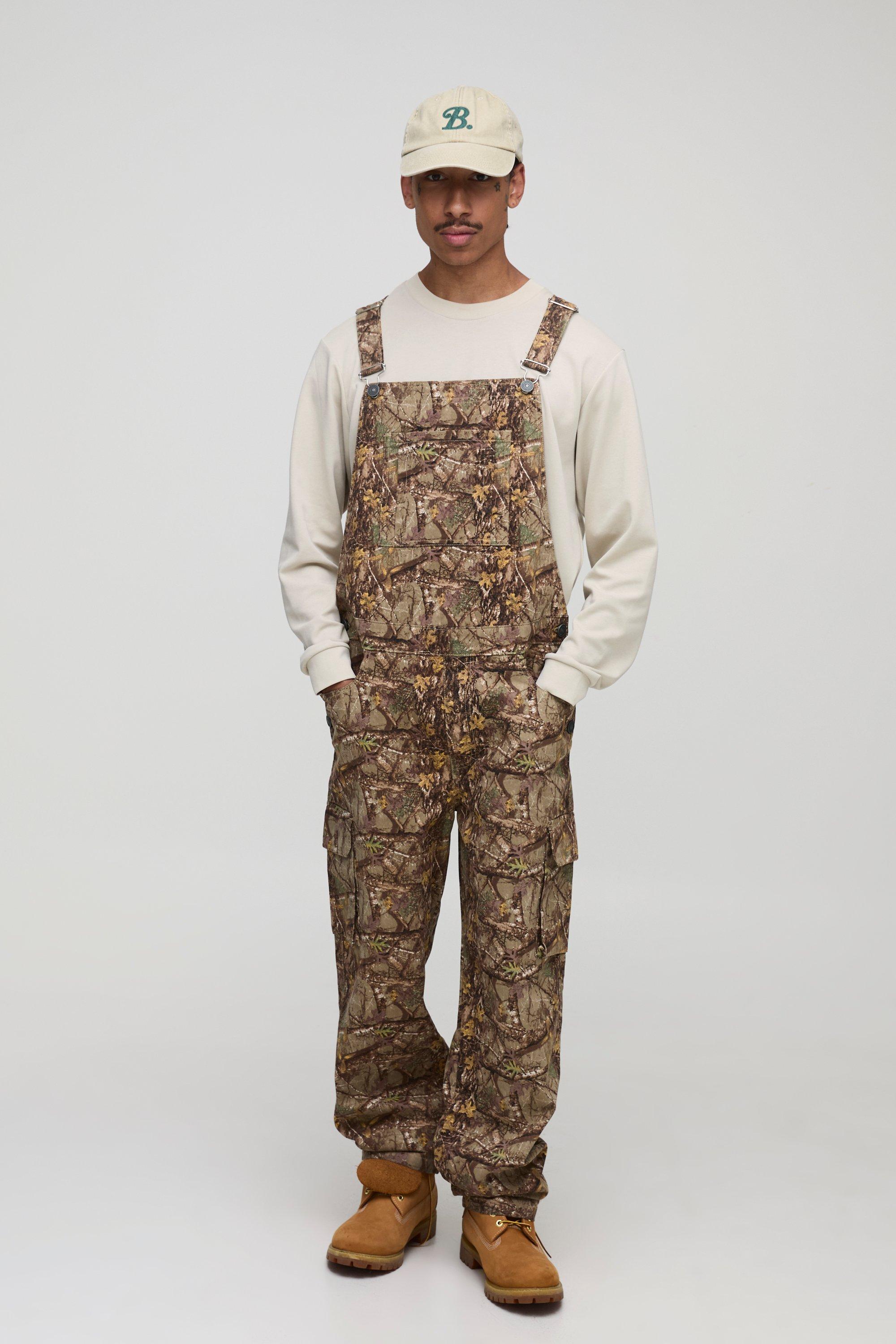 Mens Green Forest Camo Cargo Pocket Relaxed Dungarees, Green