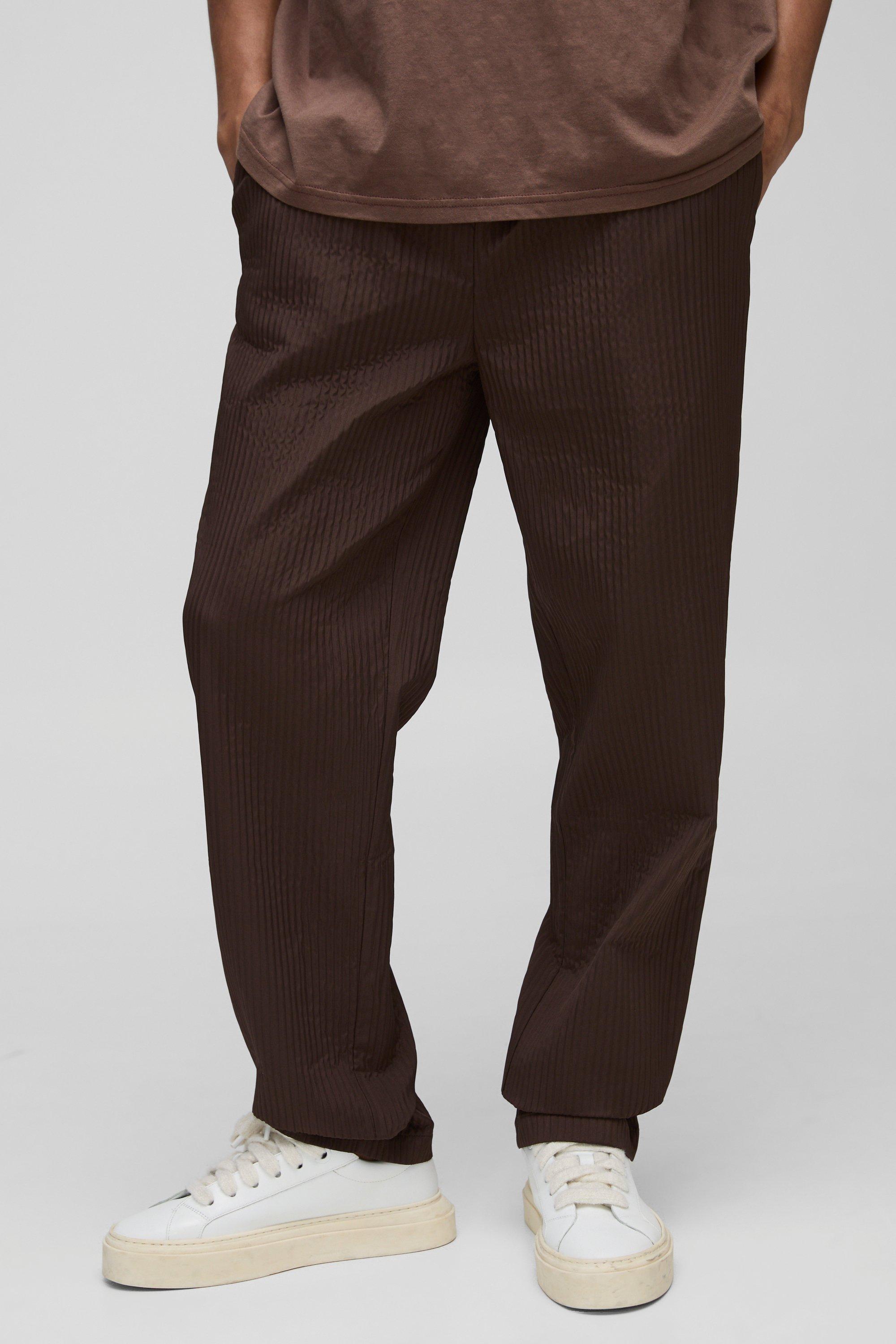 Image of Pantaloni dritti tecnici con pieghe e vita elasticizzata, Brown