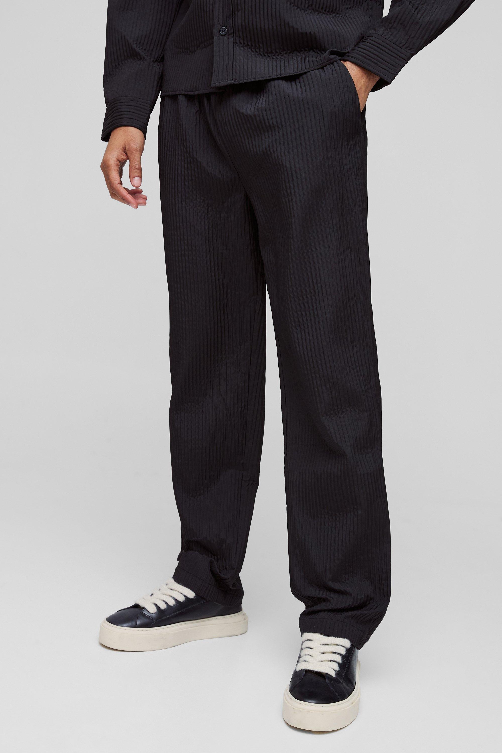 Image of Pantaloni dritti tecnici con pieghe e vita elasticizzata, Nero