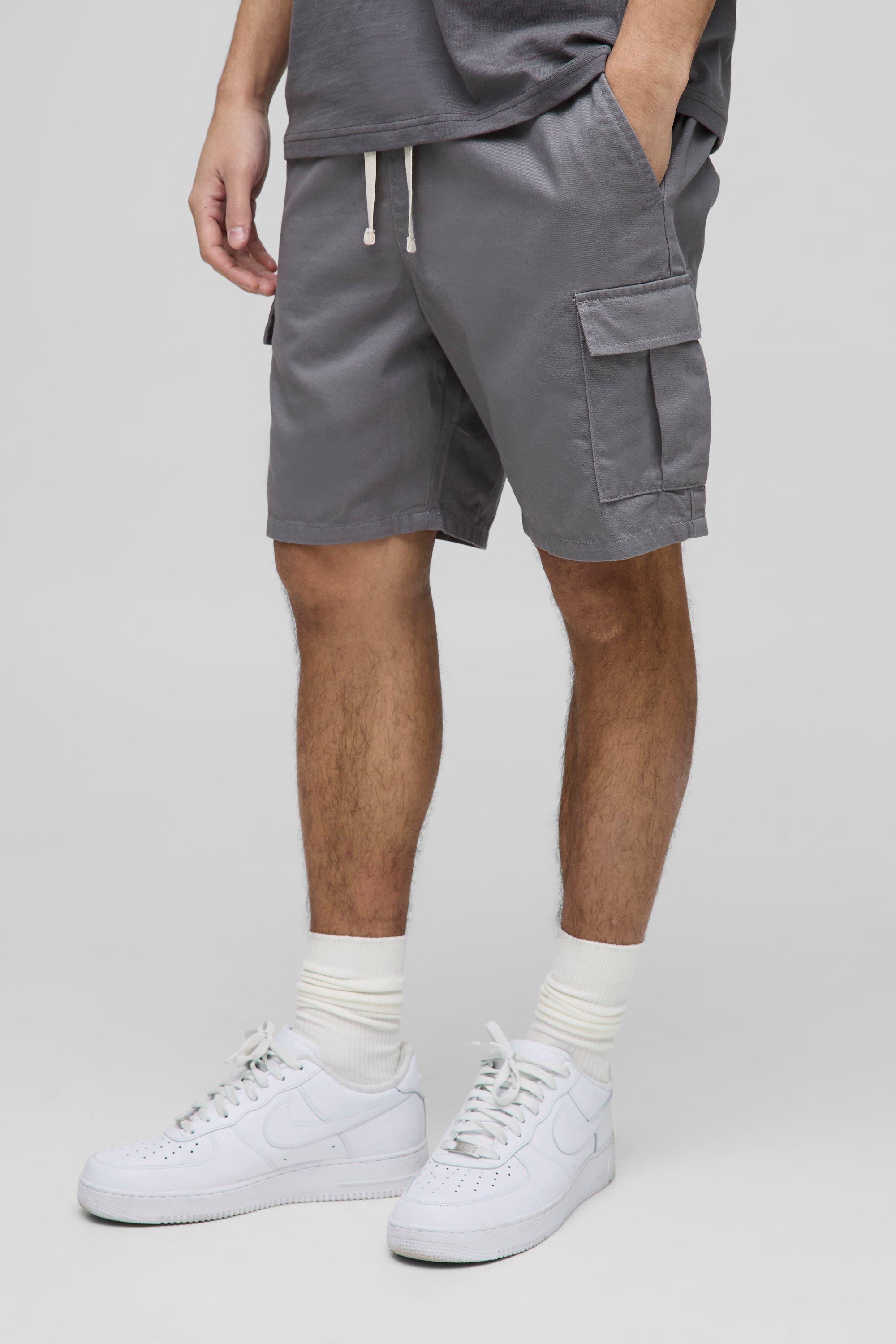 Mens Elasticated Waist Grey Slim Fit Cargo Shorts, Grey