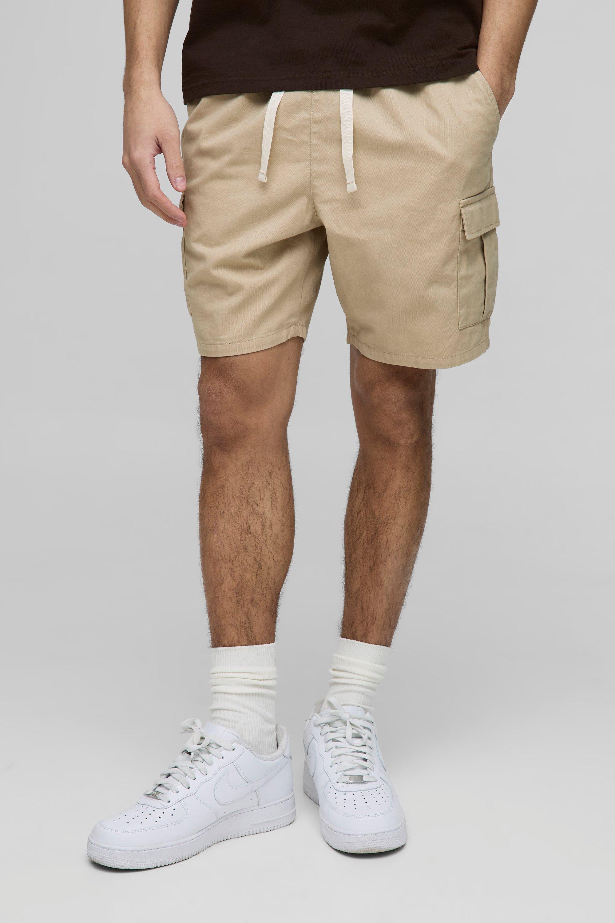 Mens Beige Elasticated Waist Sand Slim Fit Cargo Shorts, Beige