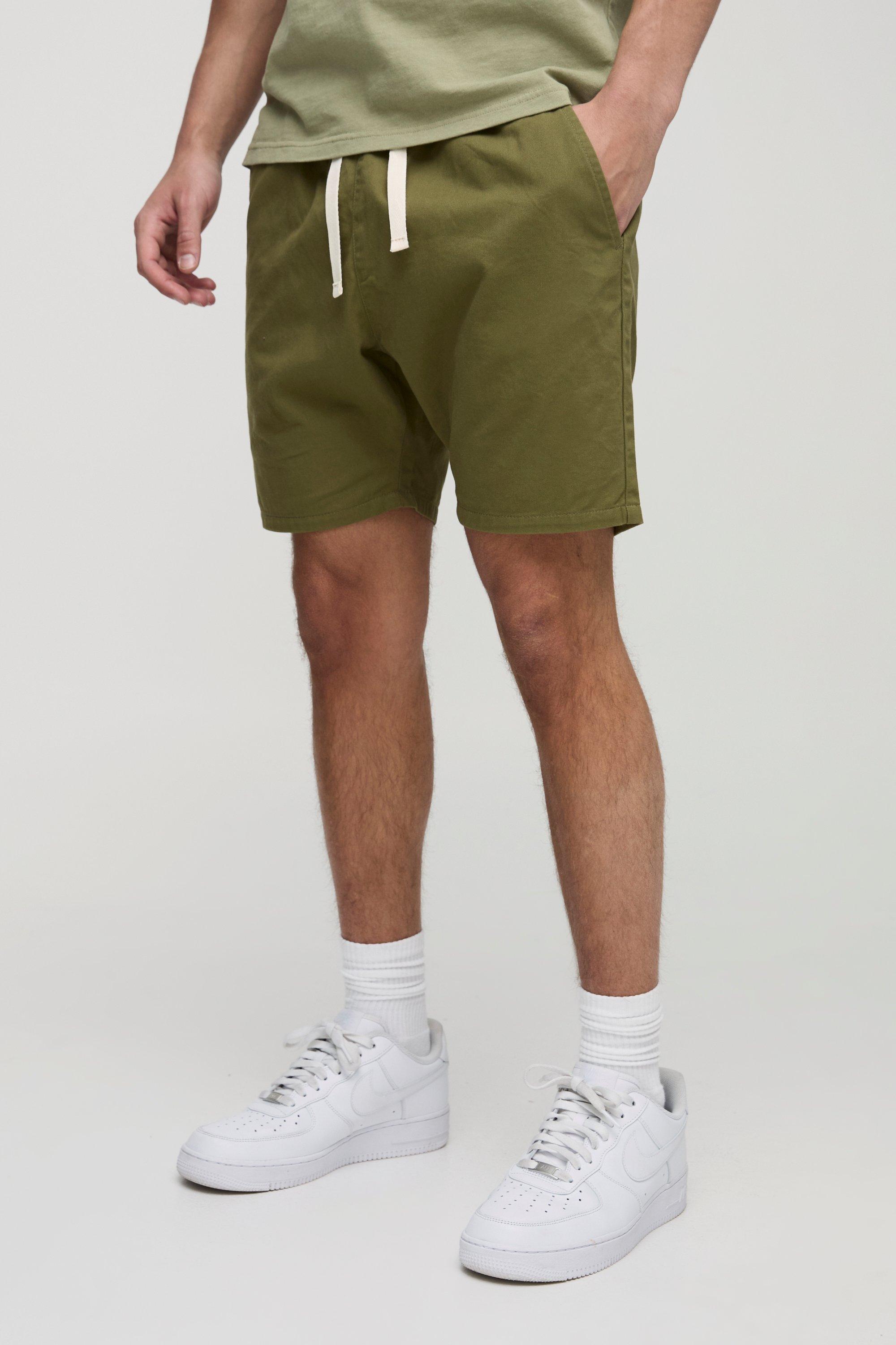 Mens Green Elasticated Waist Slim Fit Twill Shorts, Green