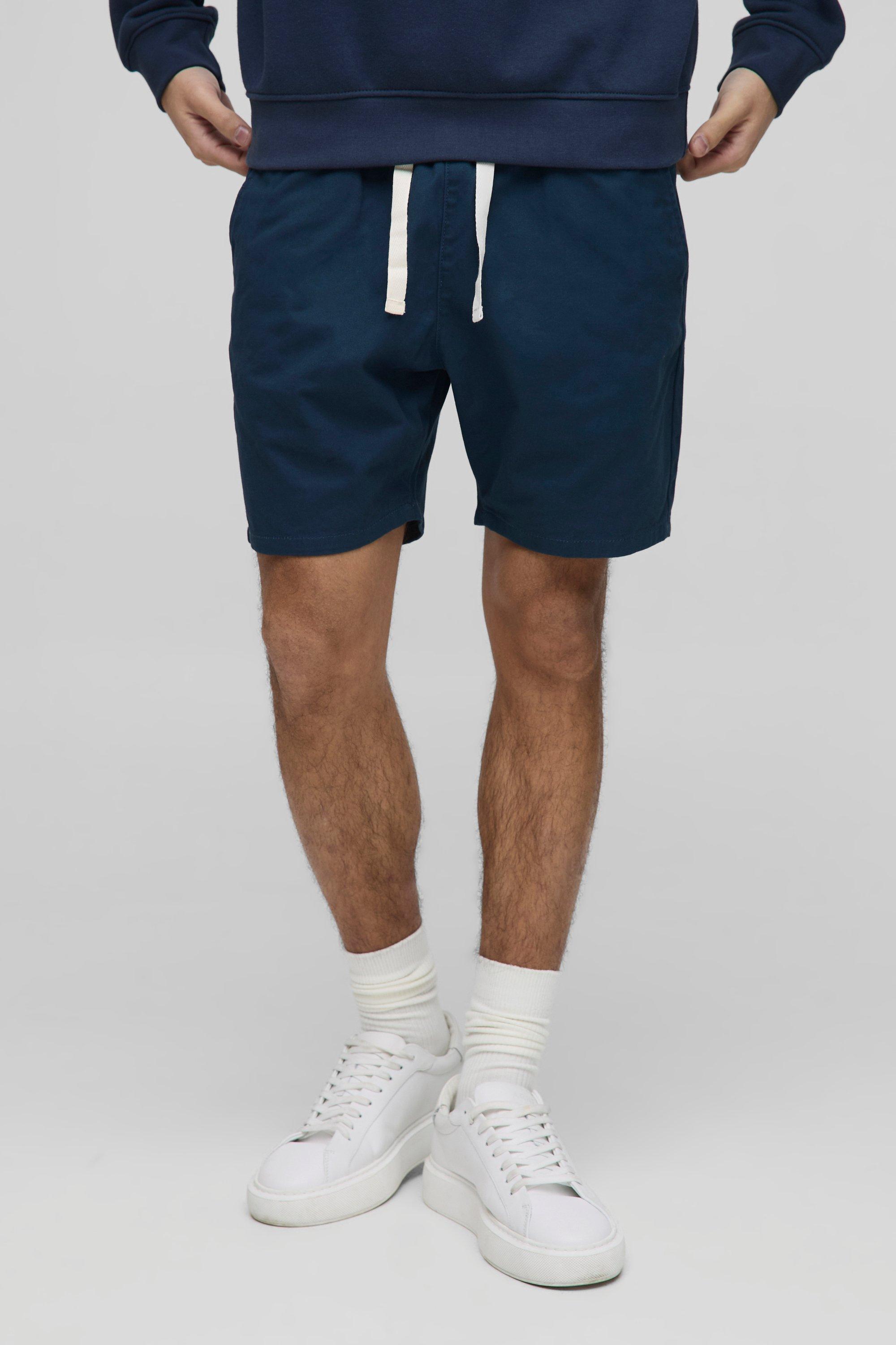 Mens Navy Elasticated Waist Slim Fit Twill Shorts, Navy