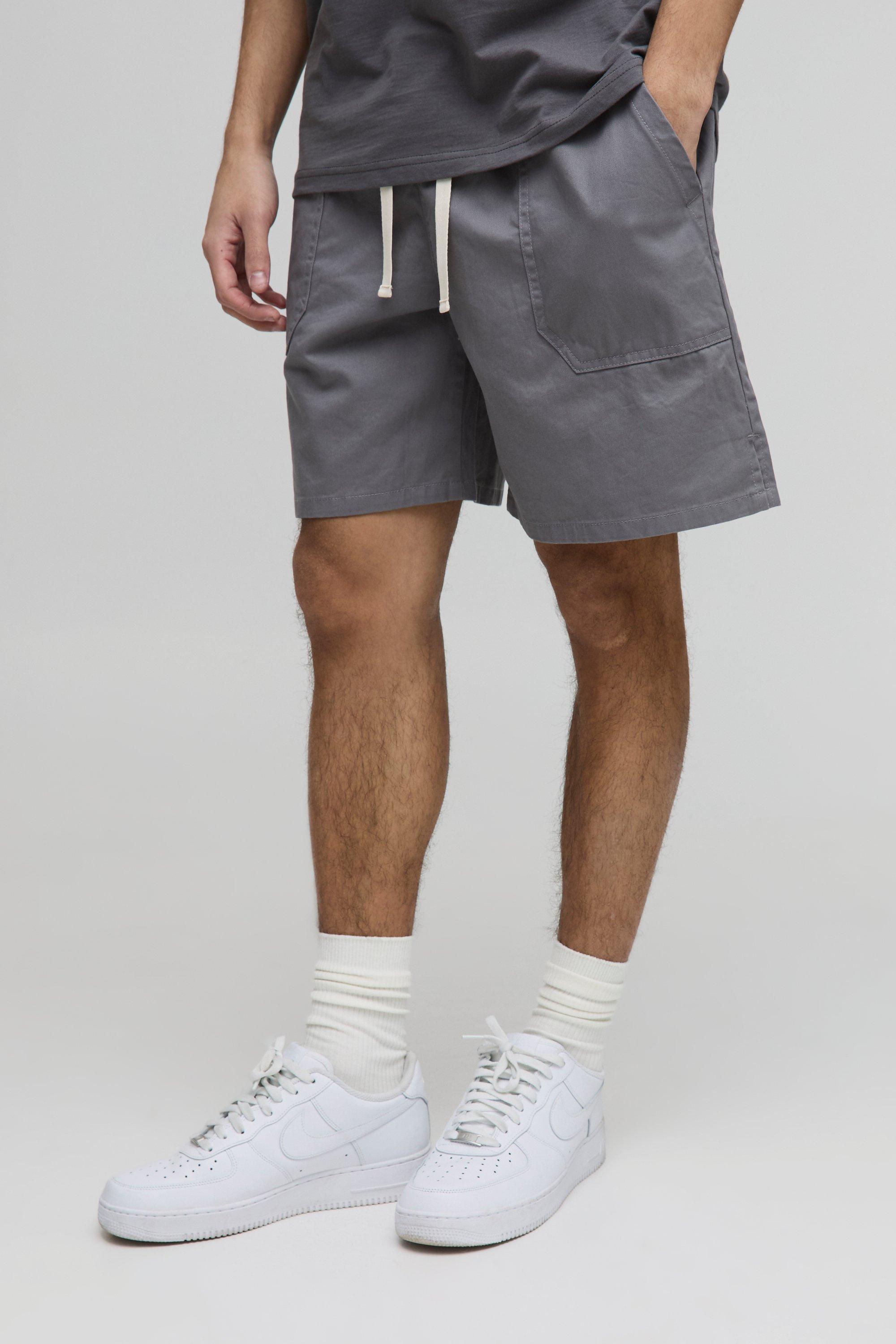 Mens Grey Elasticated Baggy Twill Split Hem Shorts, Grey