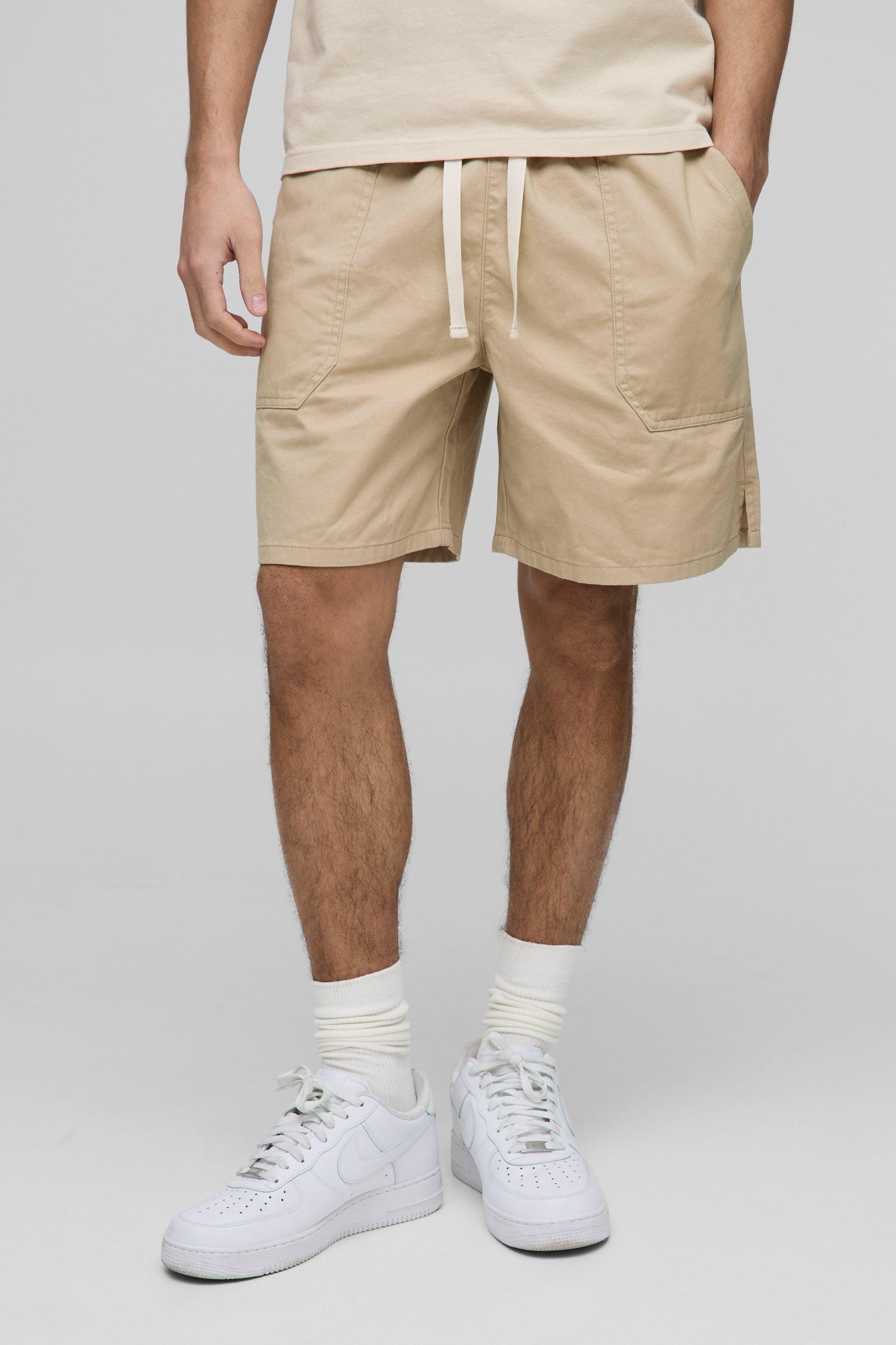 Pantaloncini extra comodi elasticizzati in twill con spacco sul fondo, Beige