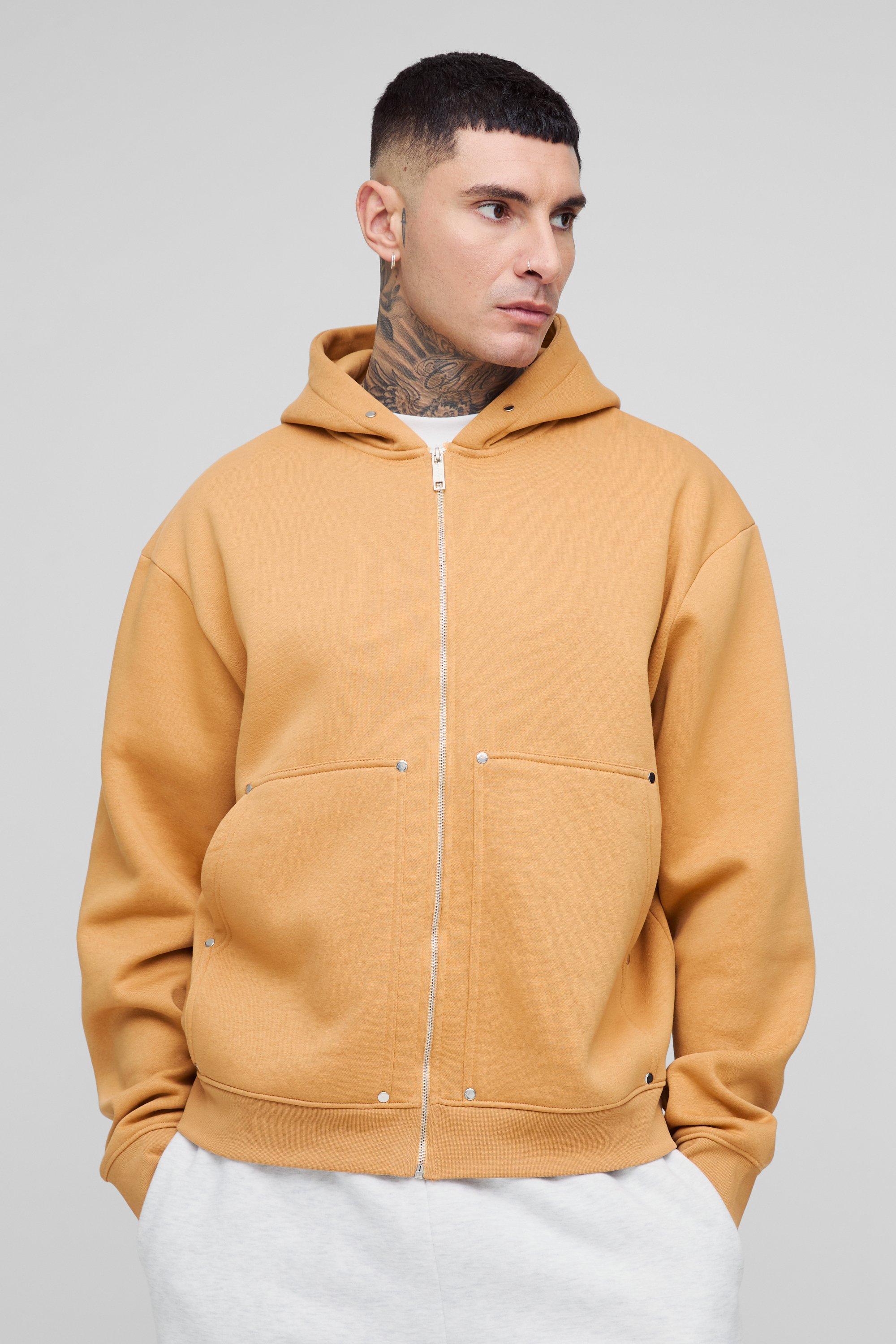 Mens Beige Tall Oversized Heavyweight Boxy Zip Thru Carpenter Hoodie, Beige