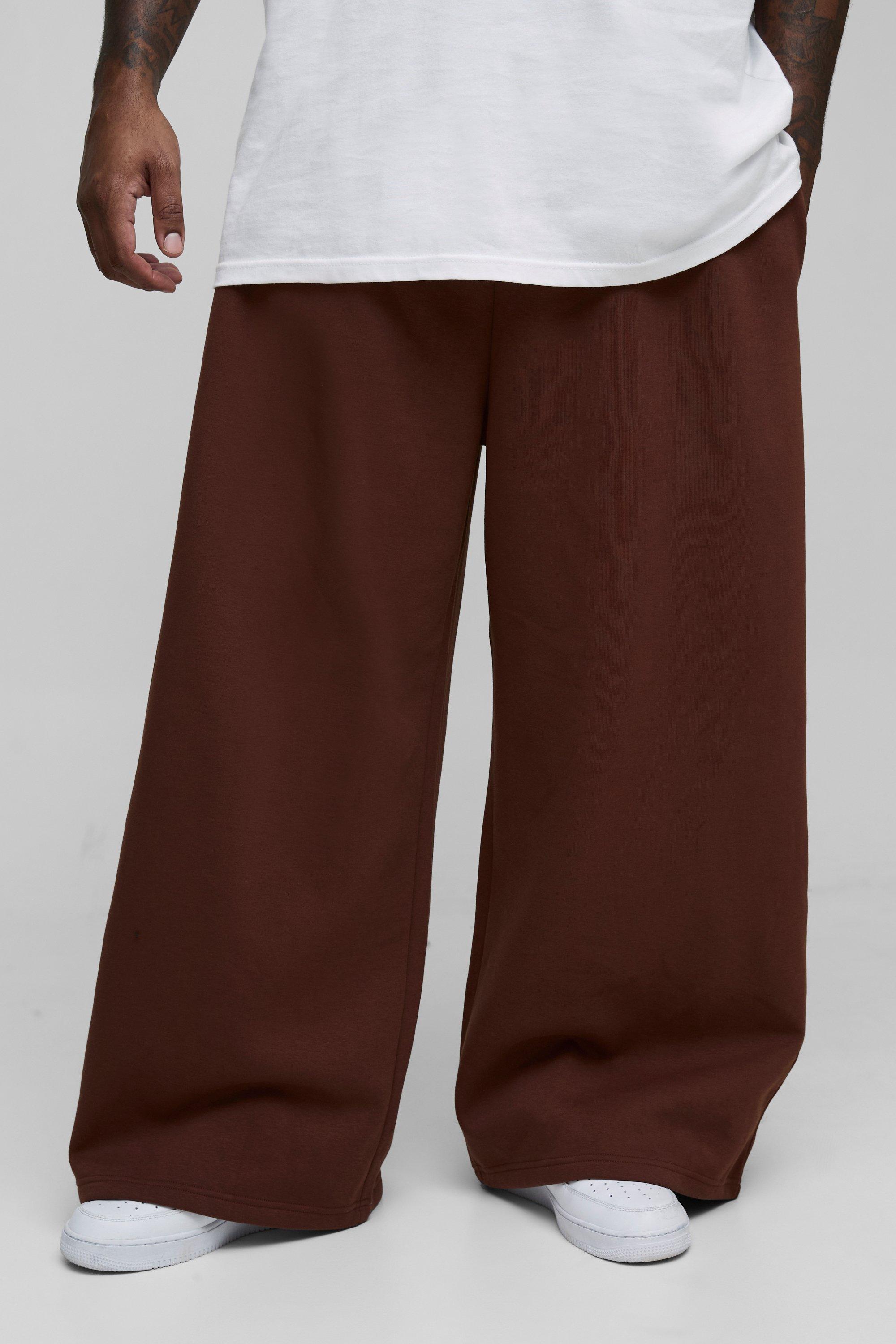 Mens Brown Plus 330GSM Extreme Wide Leg Basic Joggers, Brown