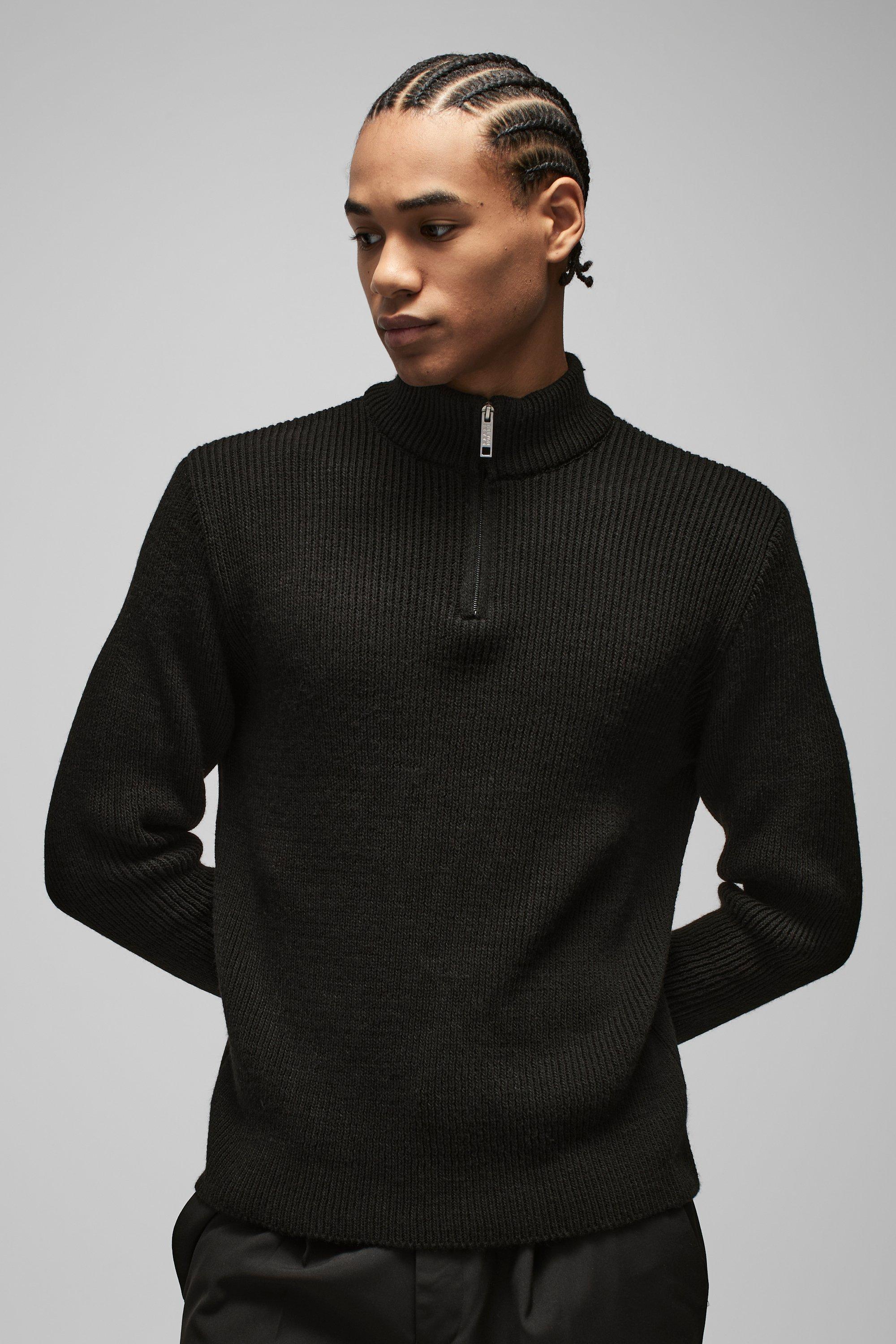Maglione in maglia a coste Regular Fit con colletto rialzato, Nero