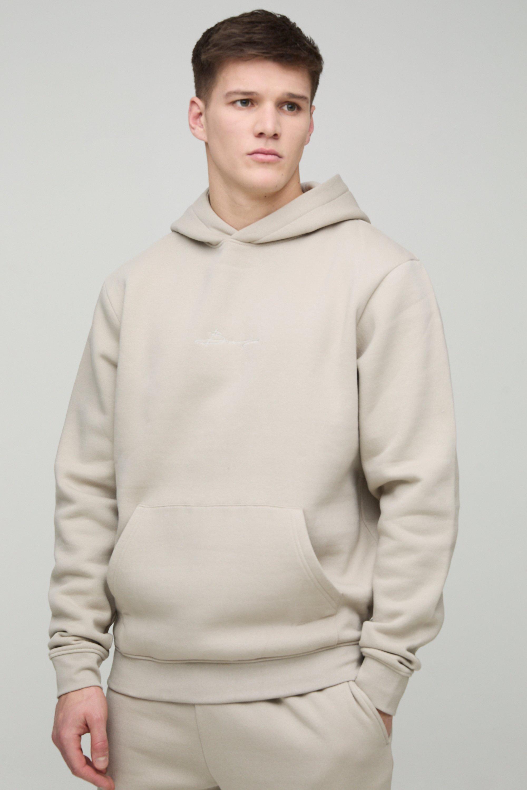 Mens Beige Tall 330GSM BM Signature Over The Head Regular Fit Hoodie, Beige