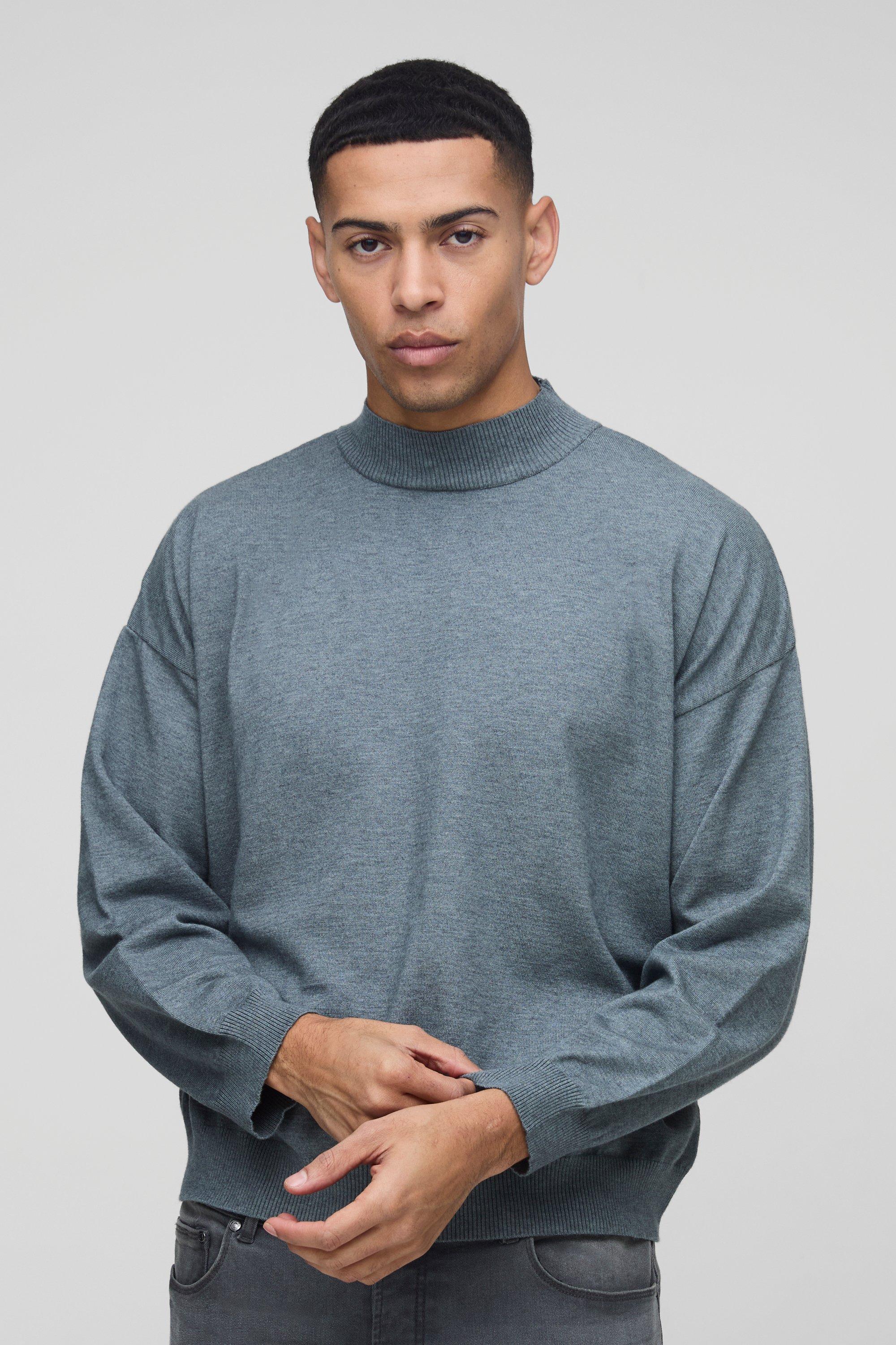 Mens Grey Relaxed Mock Neck Knitted Jumper, Grey