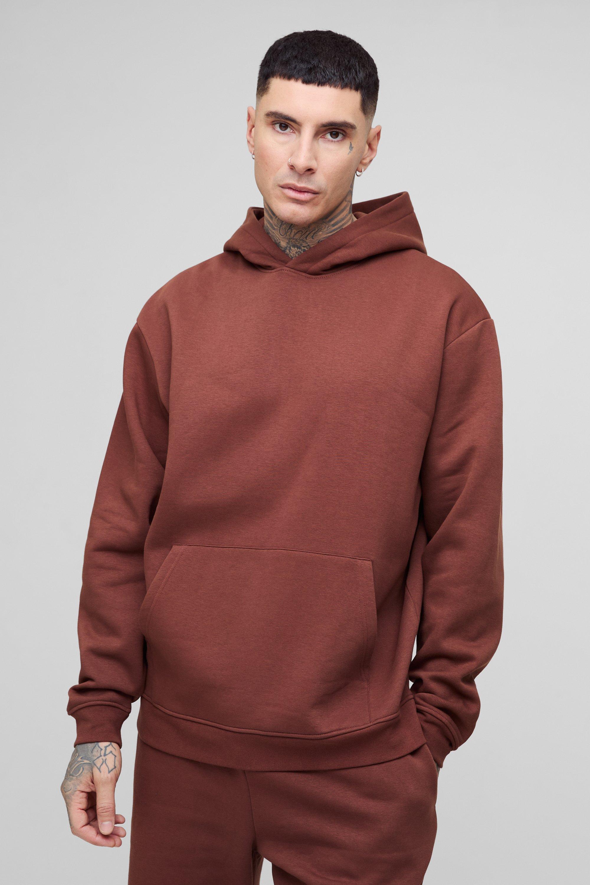 Mens Brown Tall 330GSM Basic Oversized Over The Head Hoodie, Brown