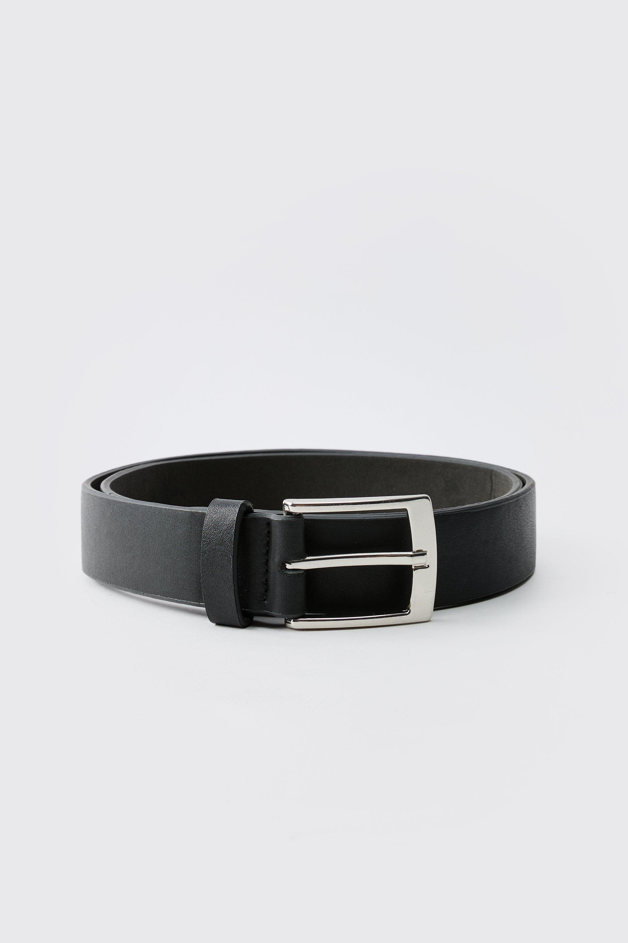 Mens Black Faux Leather Textured Belt With Silver Buckle, Black