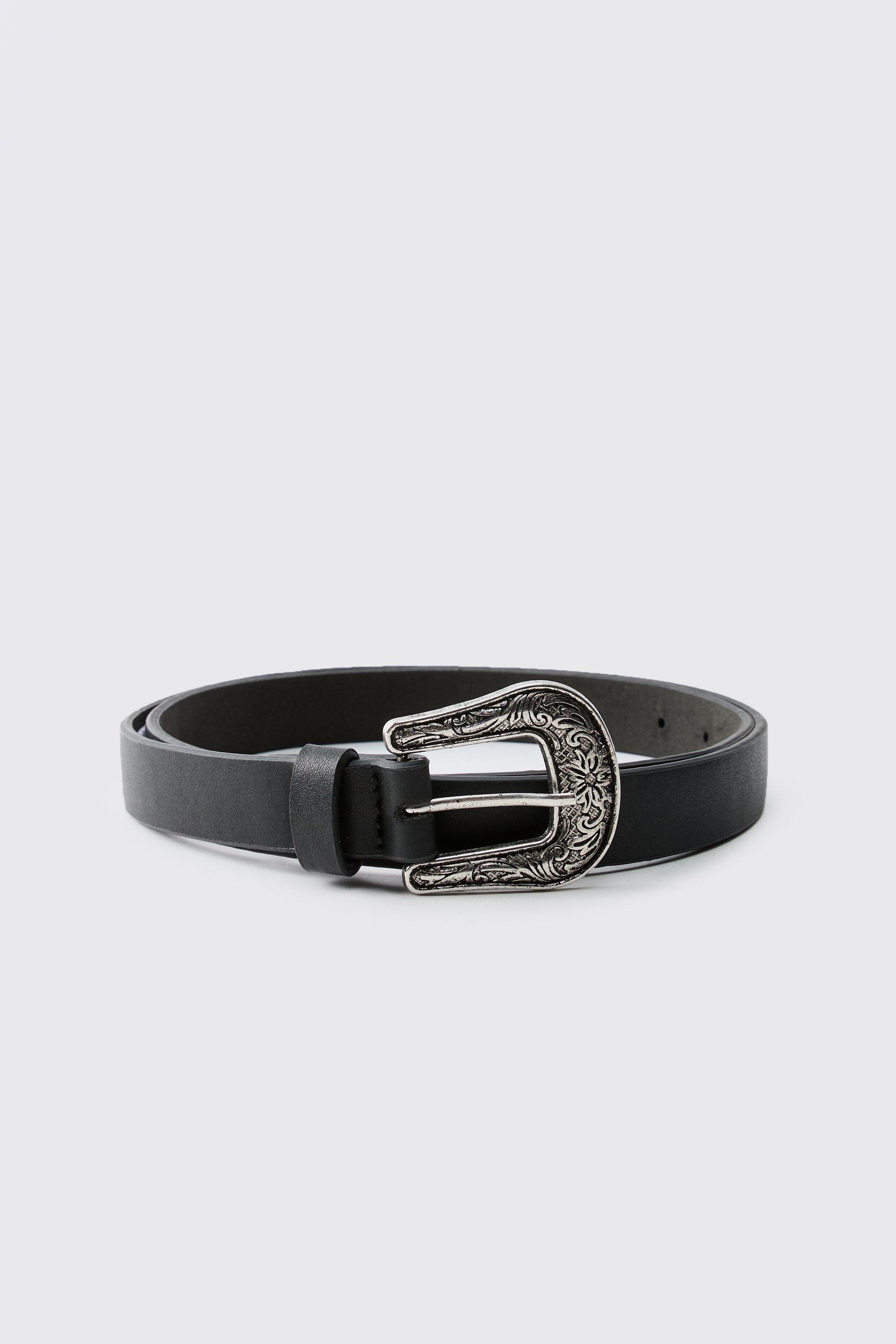 Mens Black Faux Leather Textured Belt With Western Buckle, Black