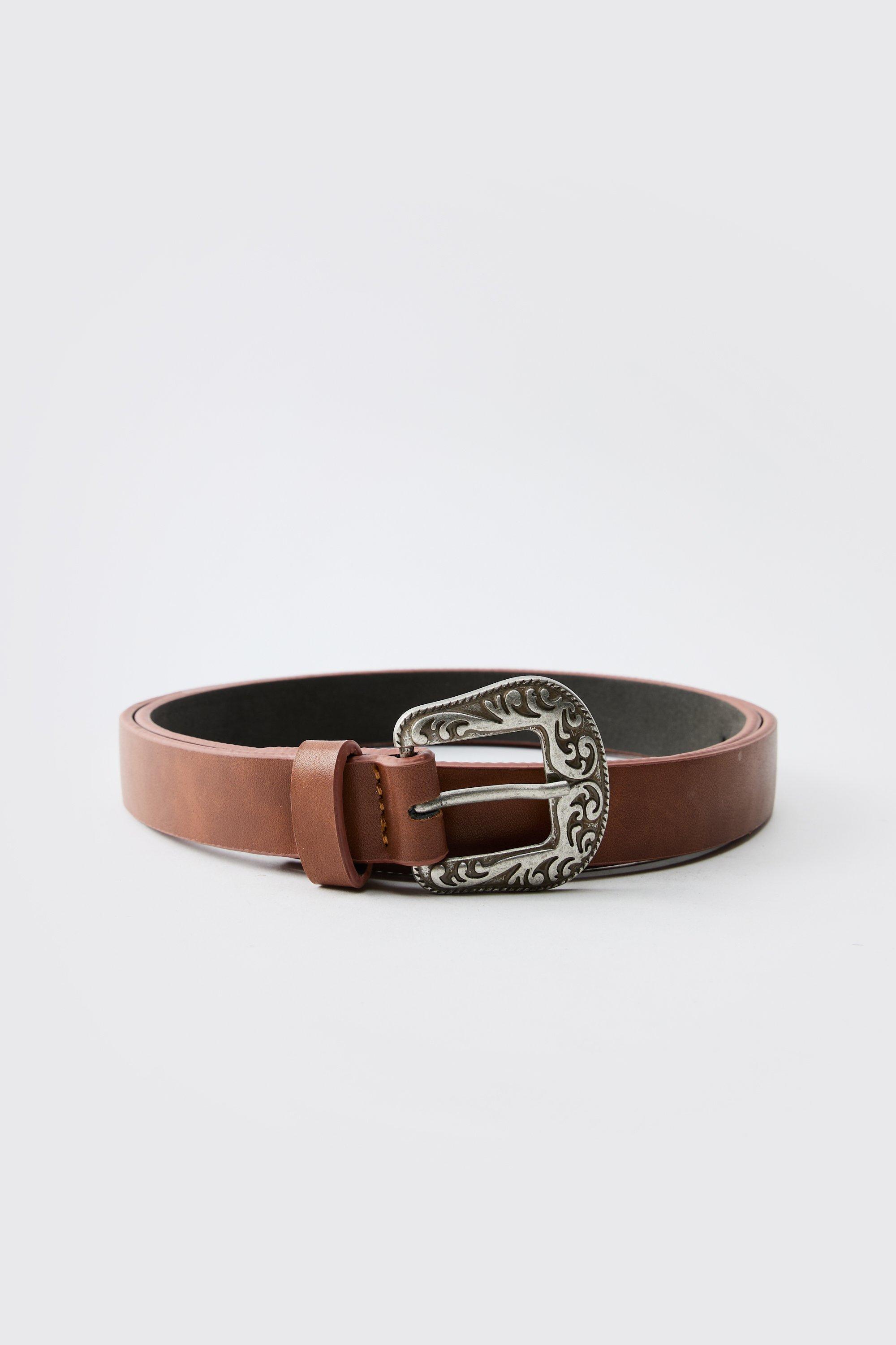 Mens Faux Leather Belt With Western Buckle in Brown, Brown