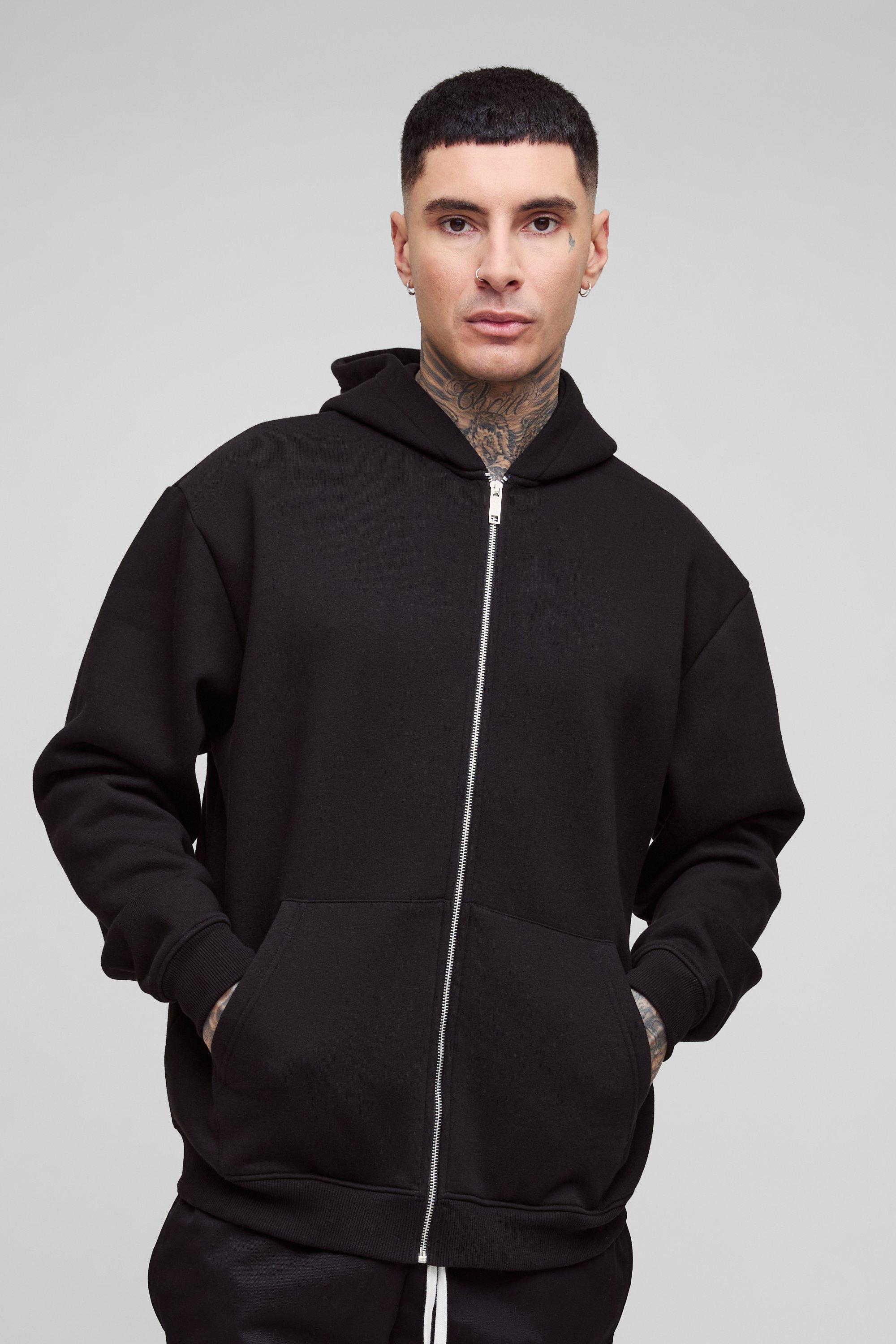 Felpa Tall oversize Basic da 330 g/mq con zip e cappuccio, Nero