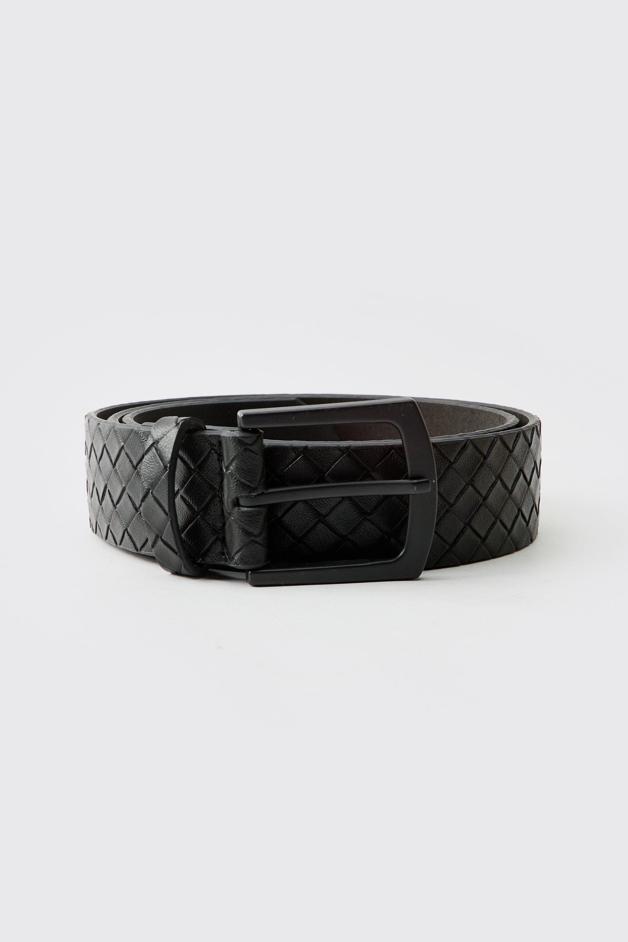 Mens Faux Leather Woven Belt In Black, Black