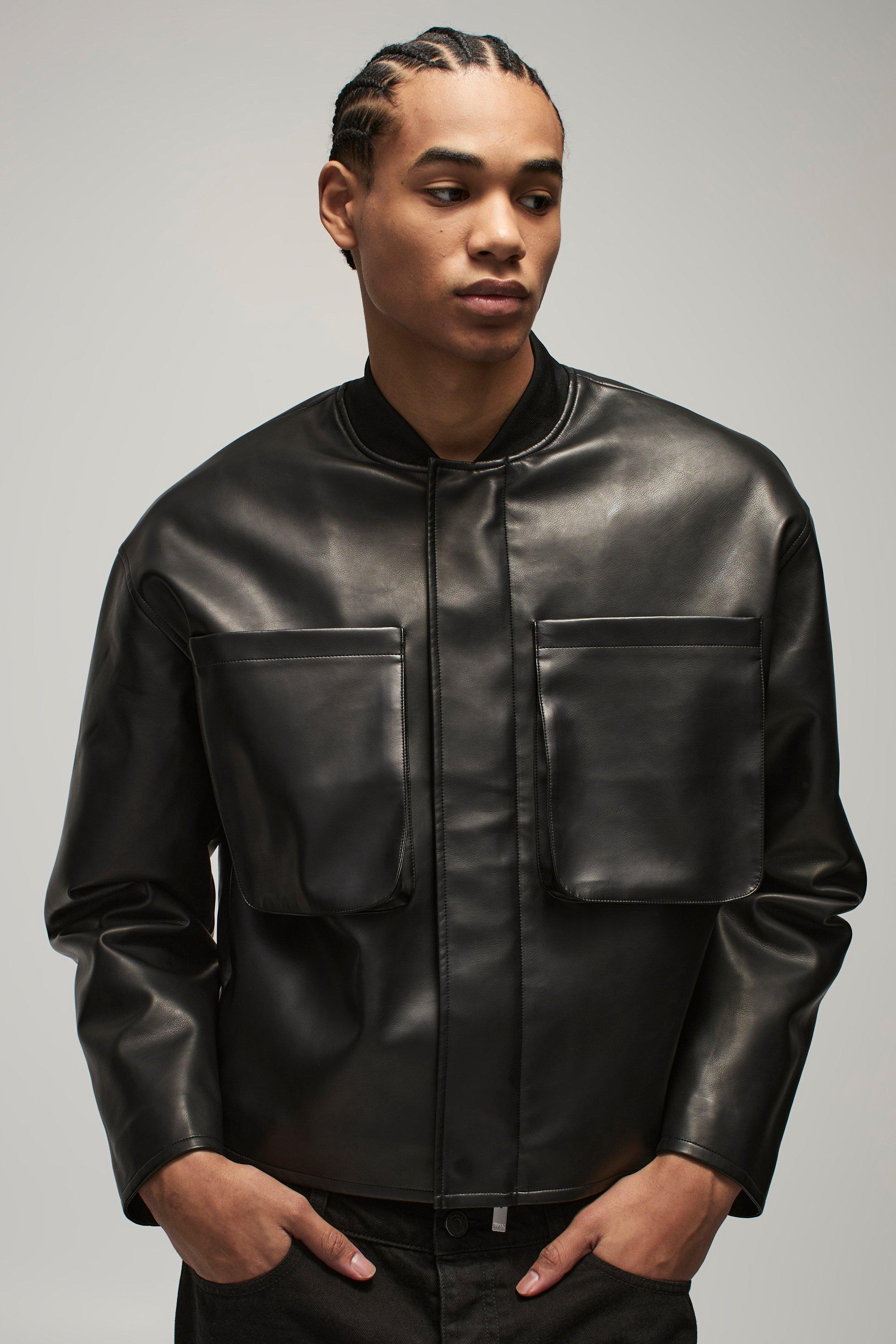 Mens Black Boxy Matte Pu Bomber Jacket, Black