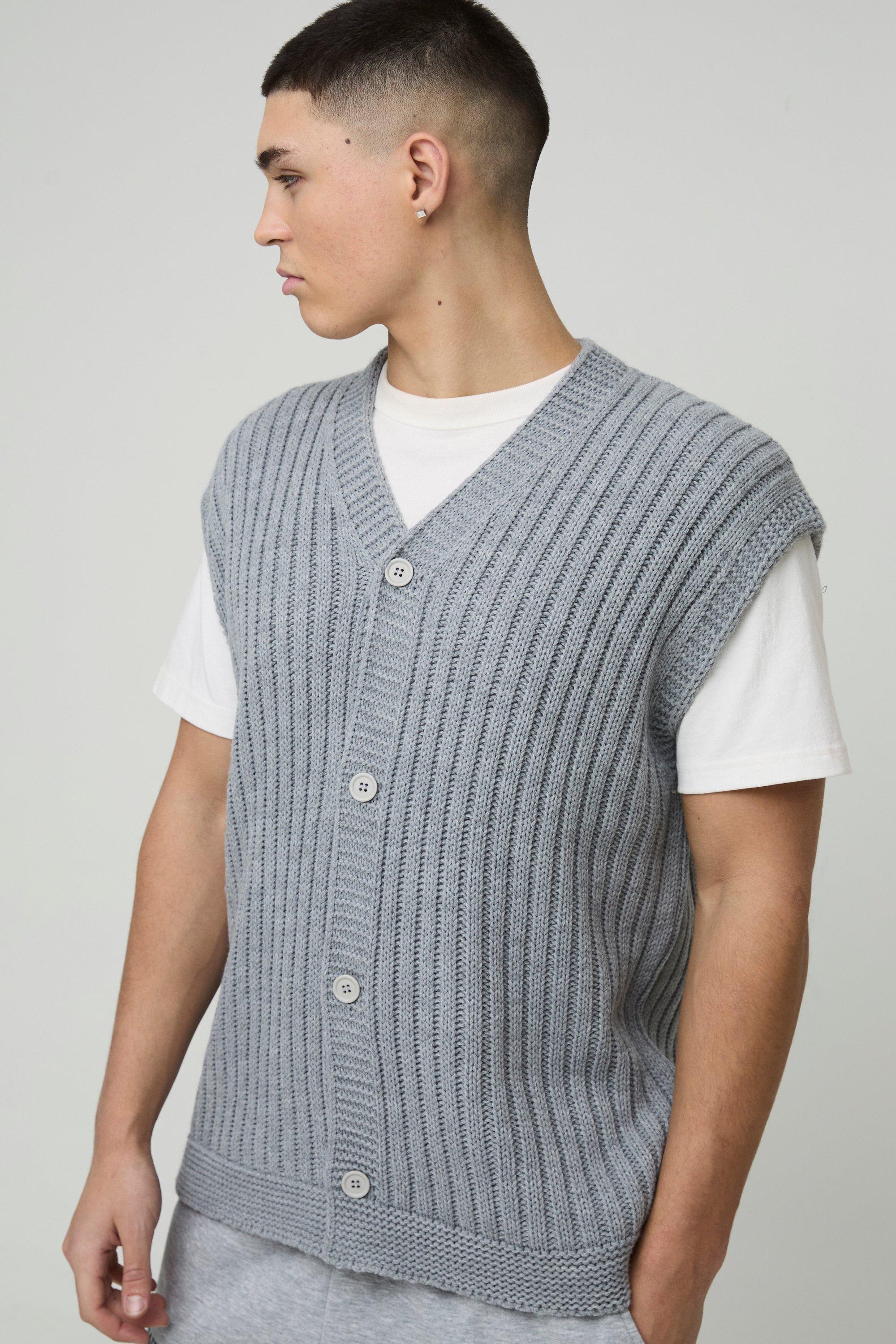 Mens Grey Oversized V Neck Knitted Vest, Grey