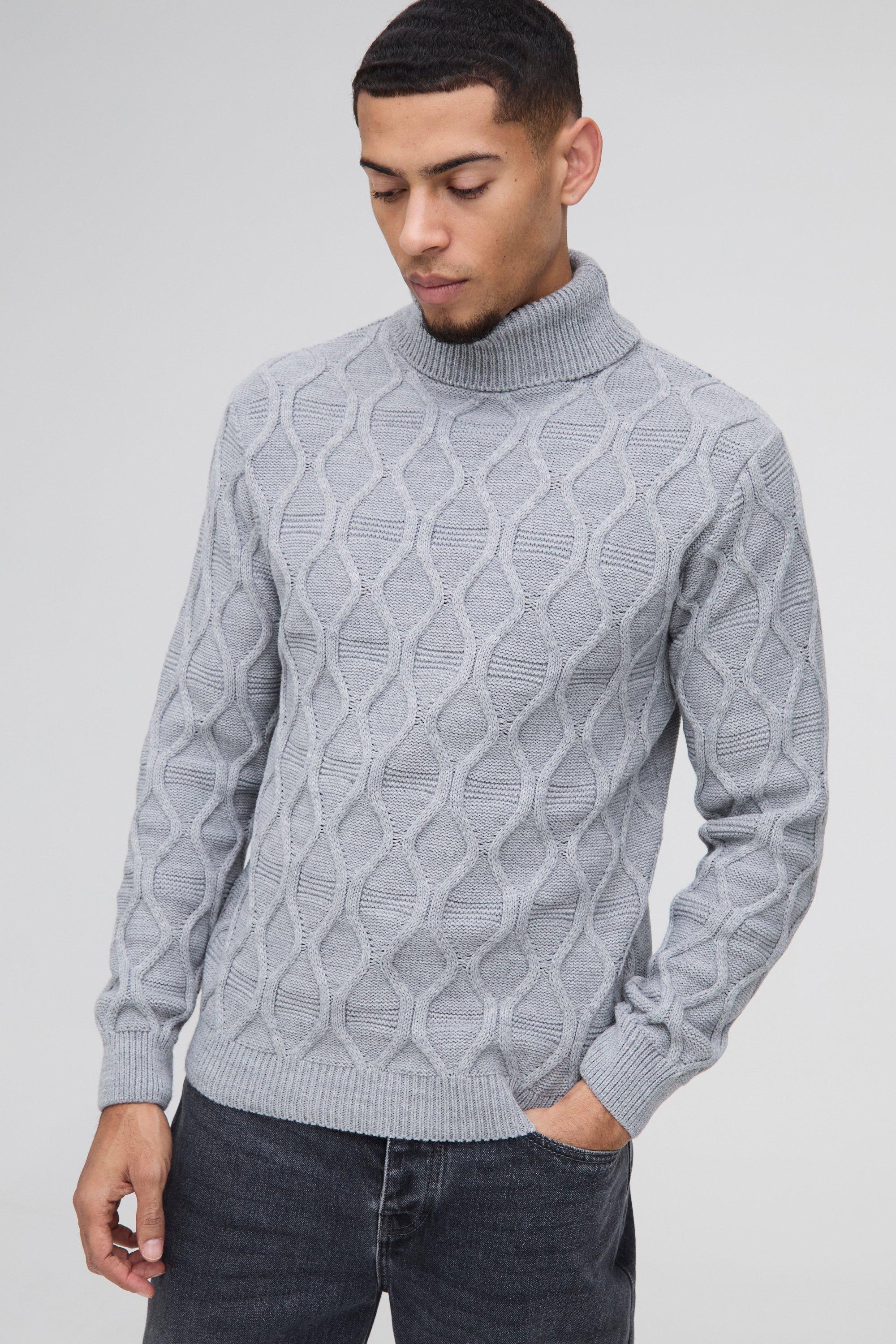 Mens Grey Regular Cable Knit Roll Neck Knitted Jumper, Grey