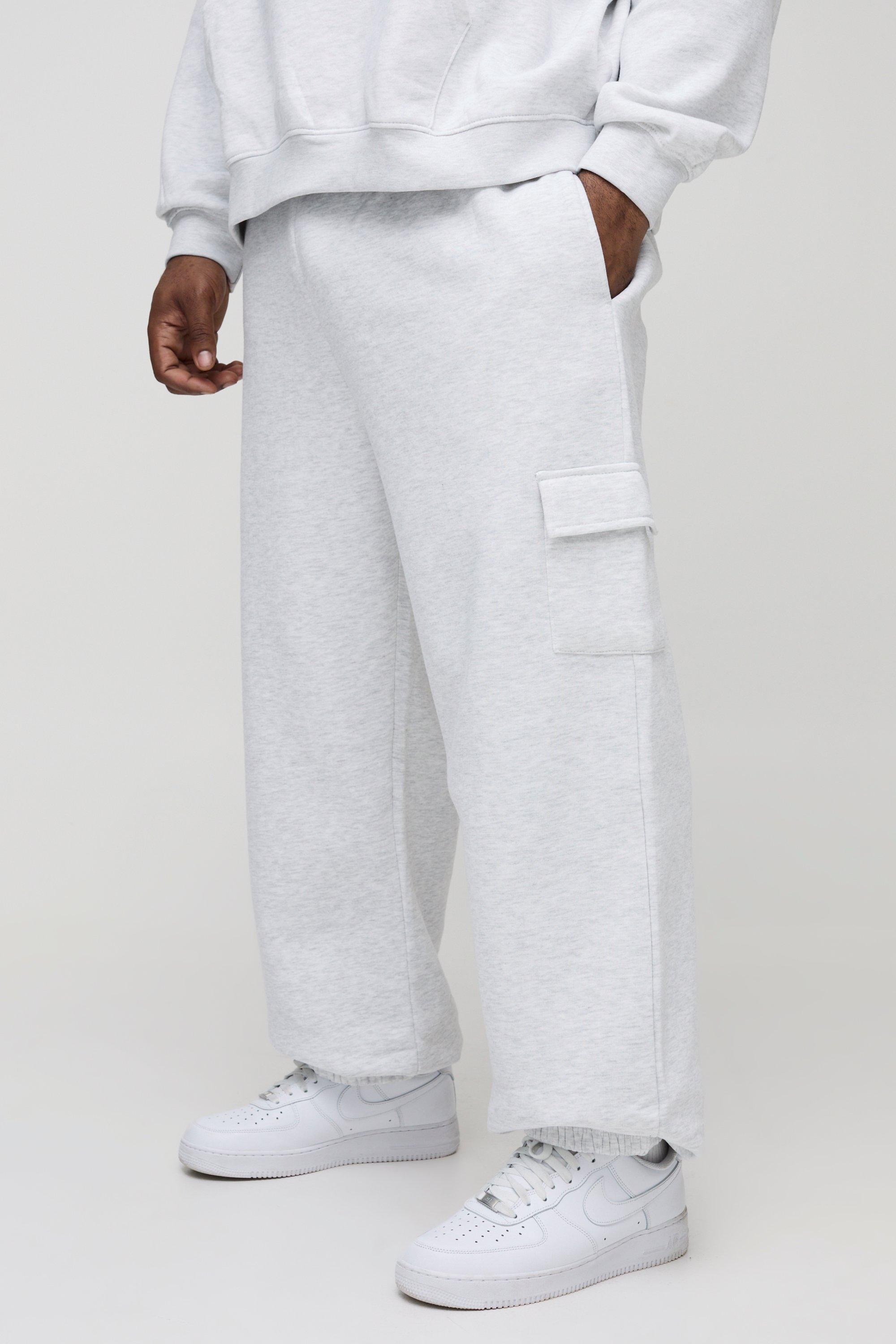 Mens Grey Plus 330GSM Relaxed Fit Basic Cargo Joggers, Grey