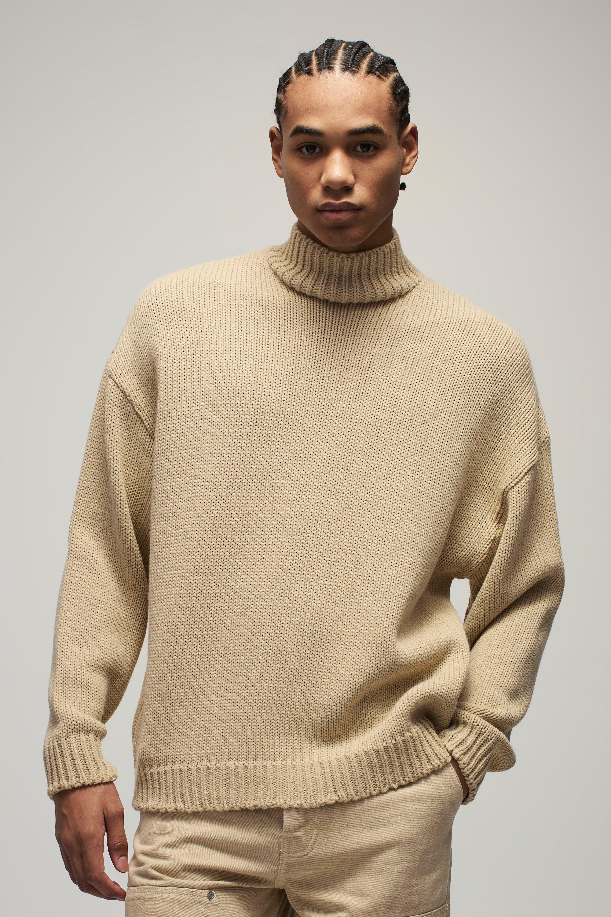 Maglione squadrato oversize in maglia con collo a imbuto e spalle scese, Beige