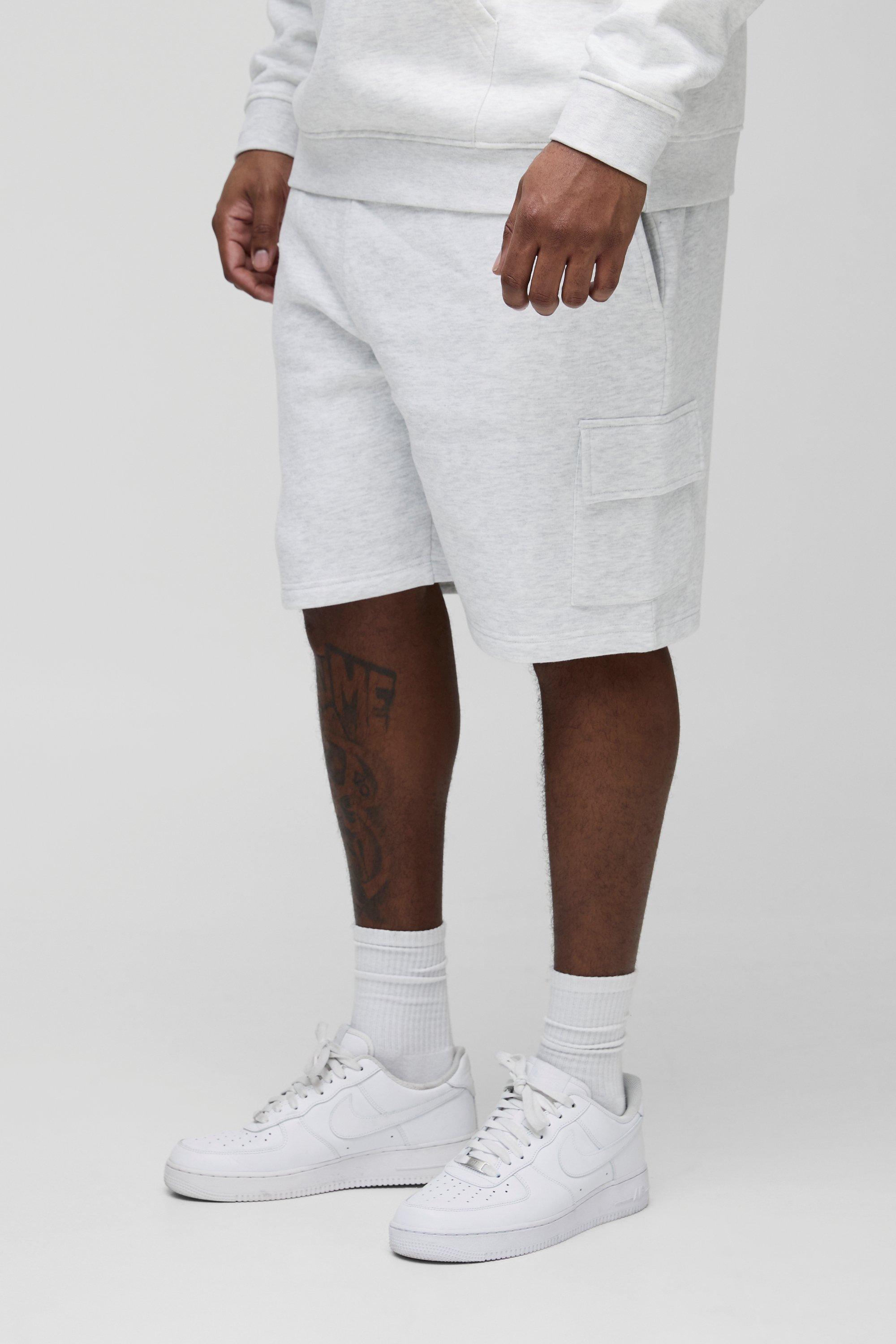 Mens Grey Plus Loose Fit Mid Length Cargo Shorts, Grey